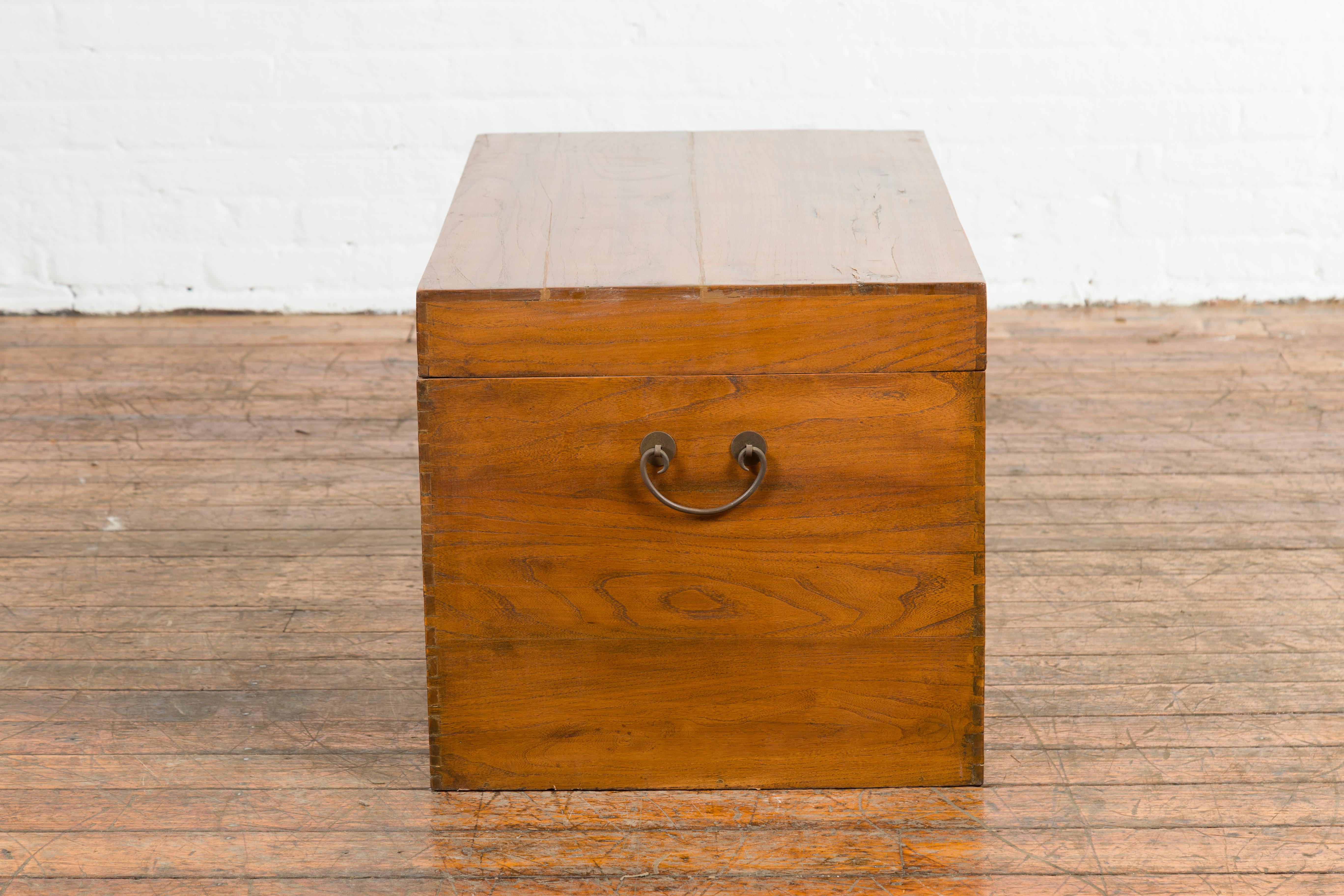 Large Vintage Chinese Wooden Blanket Chest with Brass Medallion Lock For Sale 8