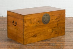 Large Vintage Chinese Wooden Blanket Chest with Brass Medallion Lock
