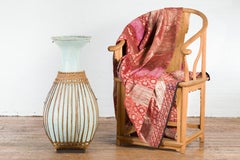 Large Vintage Chinese Woven Rattan Basket of Teal and Natural Color on Base