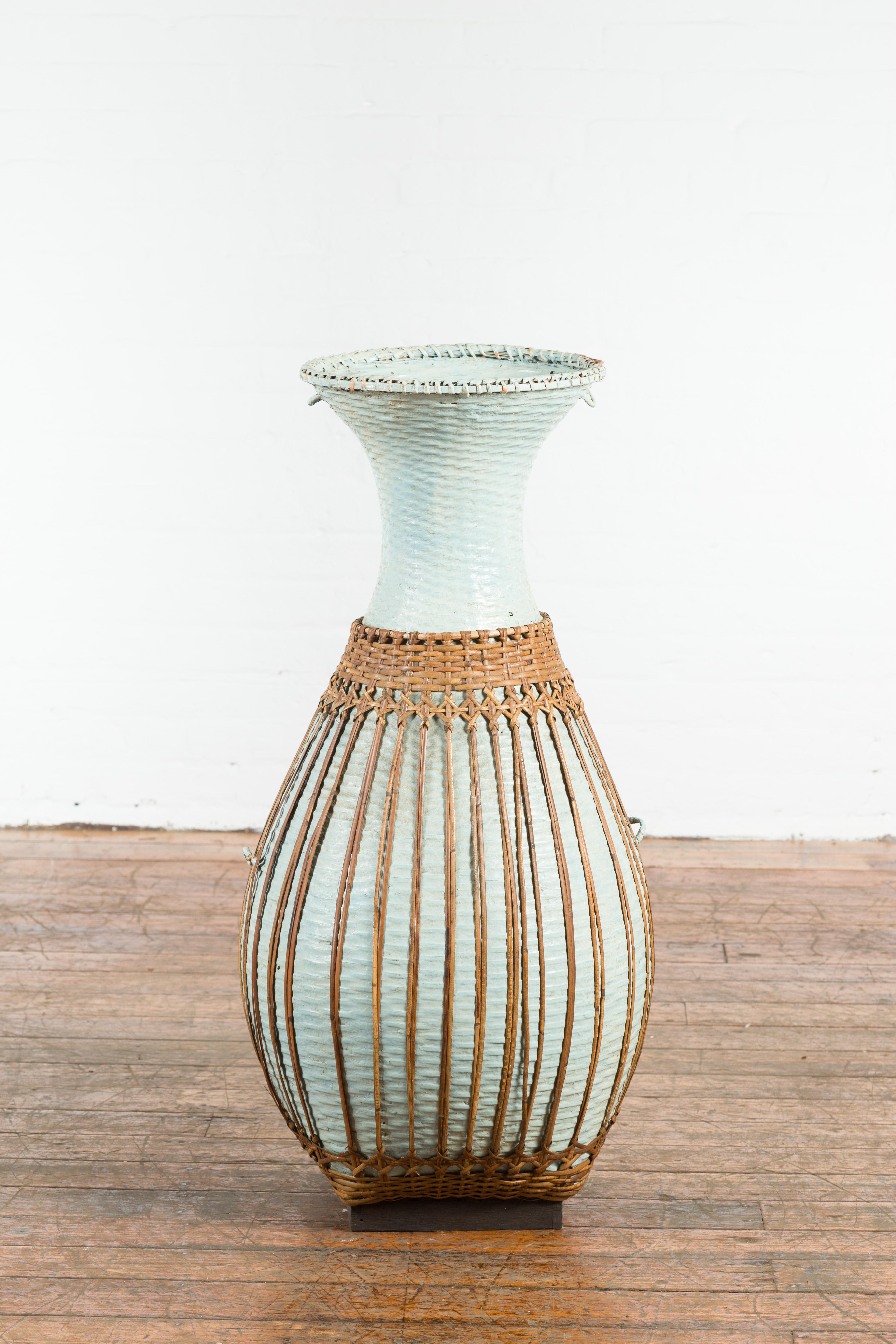 20th Century Large Vintage Chinese Woven Rattan Basket of Teal and Natural Color on Base For Sale