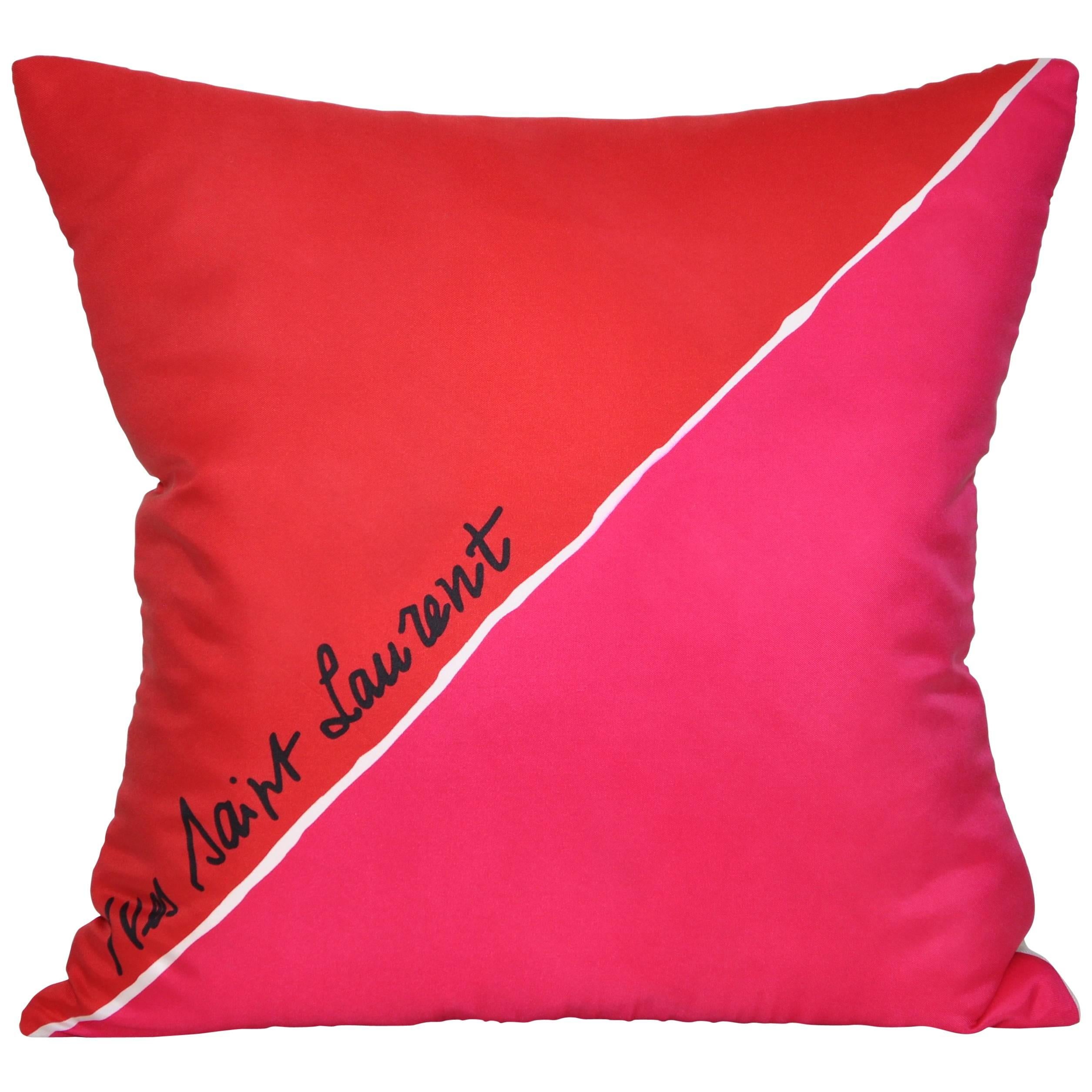 Vintage French Silk YSL Fabric Red Pink Pillow Cushion with Irish Linen Large  For Sale