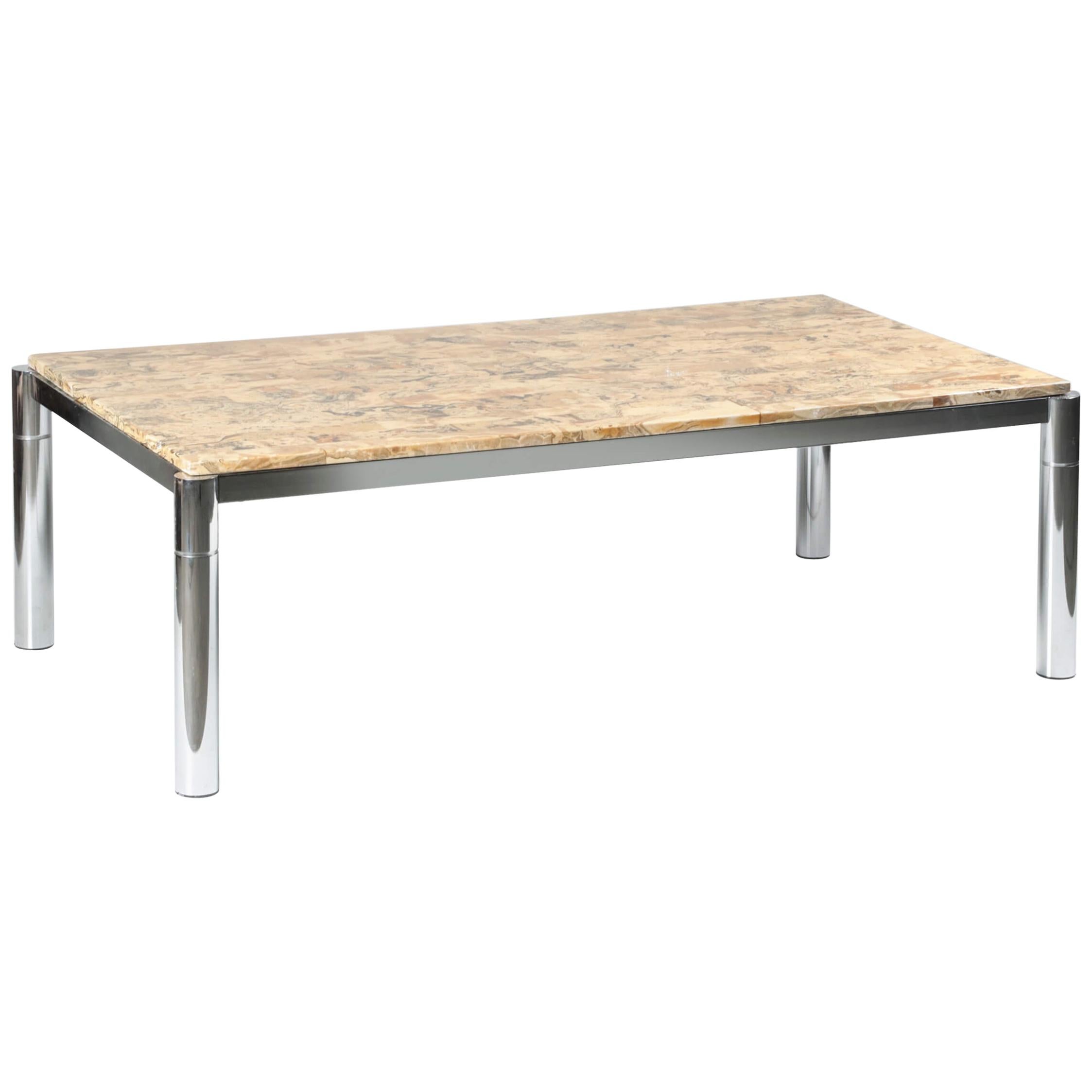 Large Vintage Chromed and Marble Coffee Table Mid-Century Modern Design For Sale