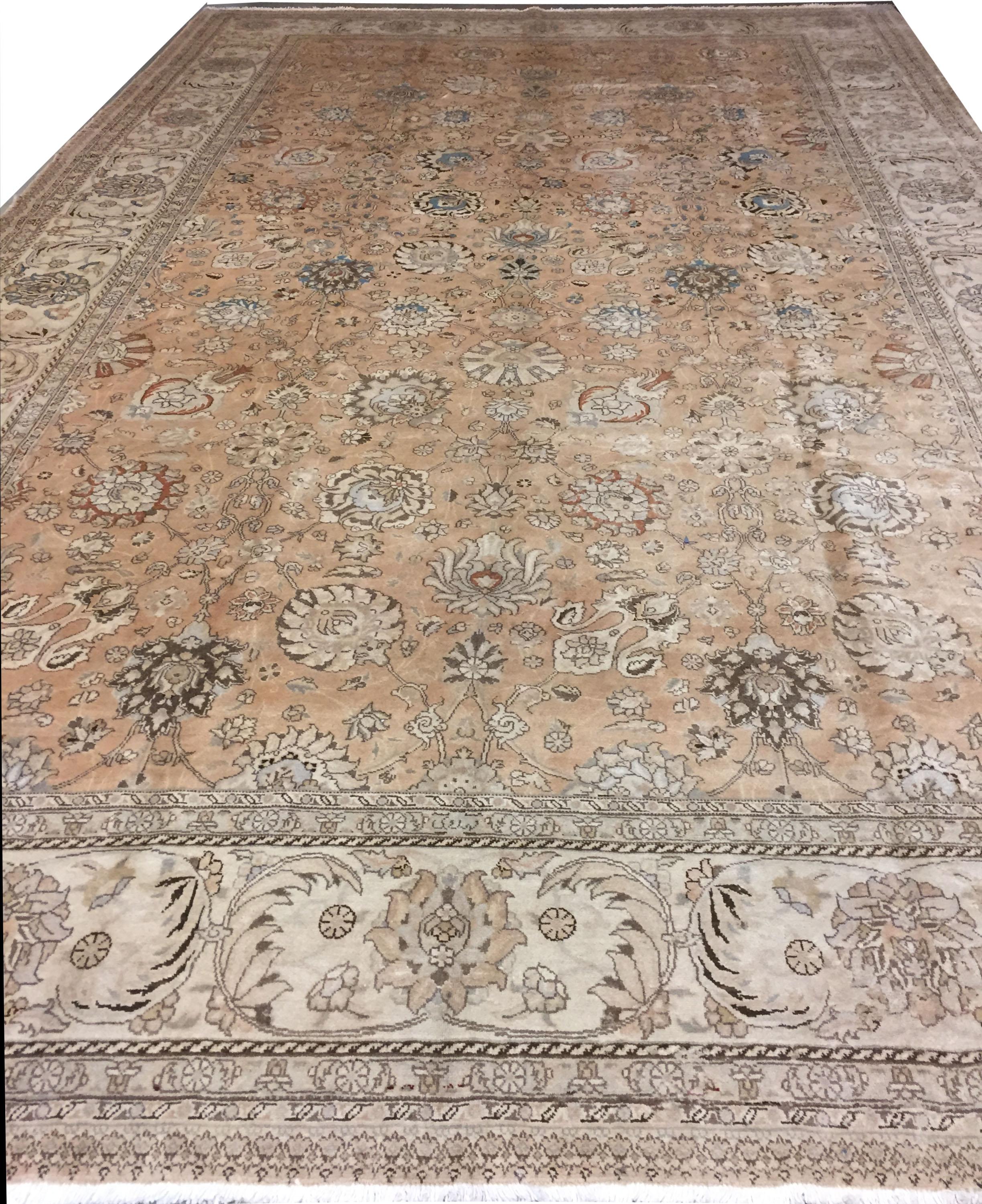 Persiano Grande tappeto Tabriz persiano beige vintage del 1920, 10'5 x 15'6 in vendita
