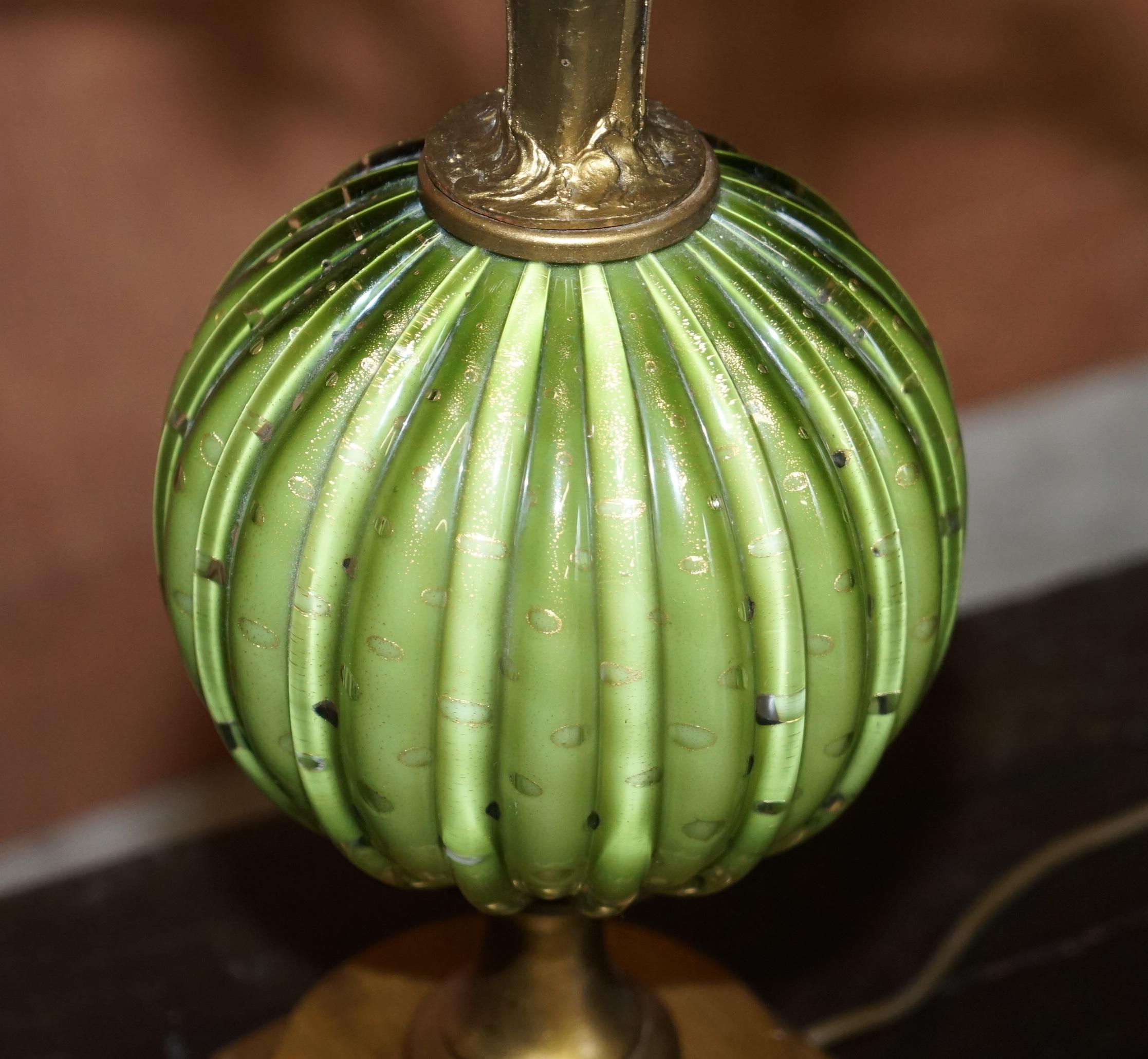 Victorian Large Vintage circa 1940's Murano Glass Green and Gold Leaf Painted Table Lamp