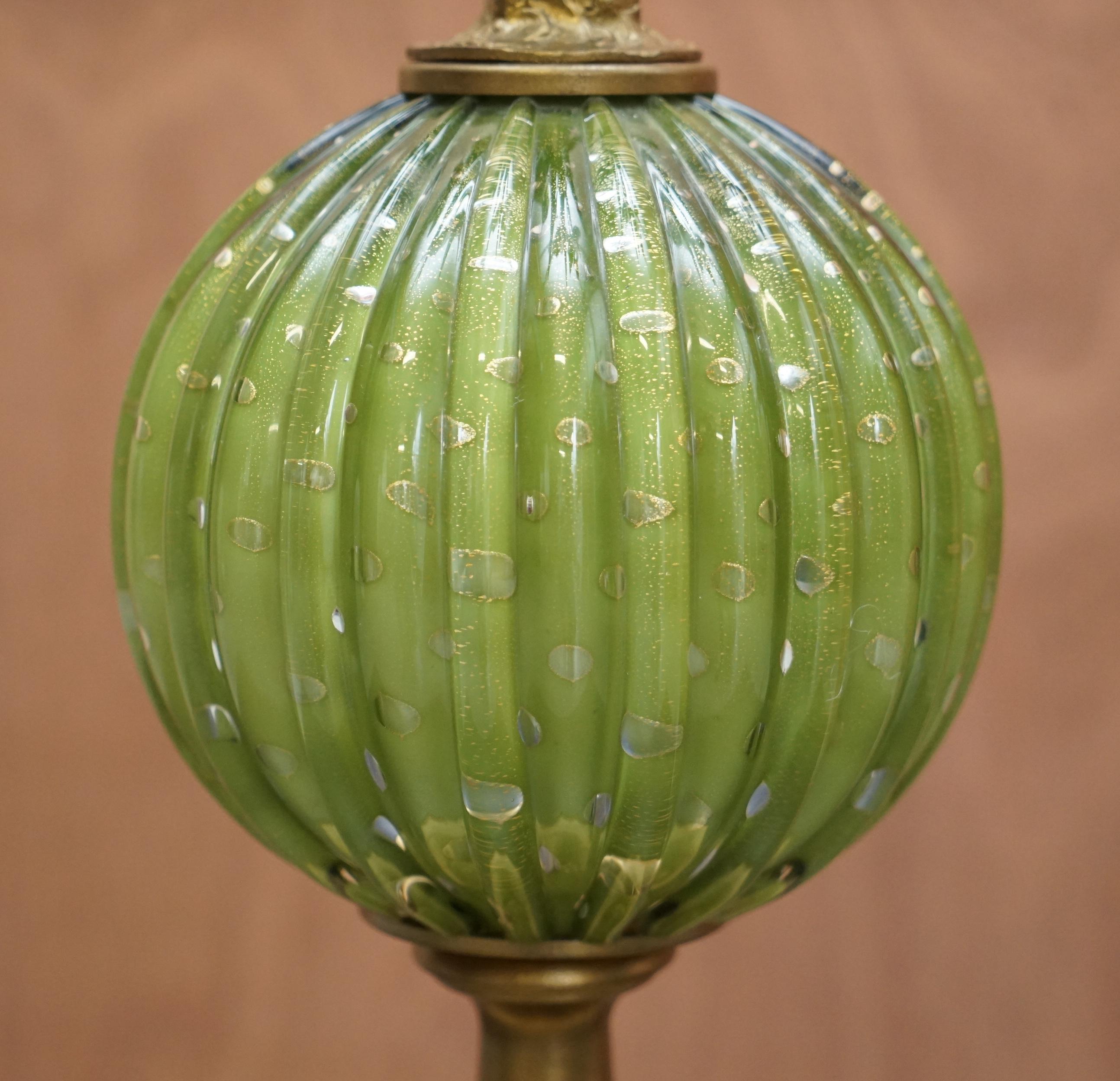 Italian Large Vintage circa 1940's Murano Glass Green and Gold Leaf Painted Table Lamp