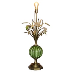 Large Vintage circa 1940's Murano Glass Green and Gold Leaf Painted Table Lamp