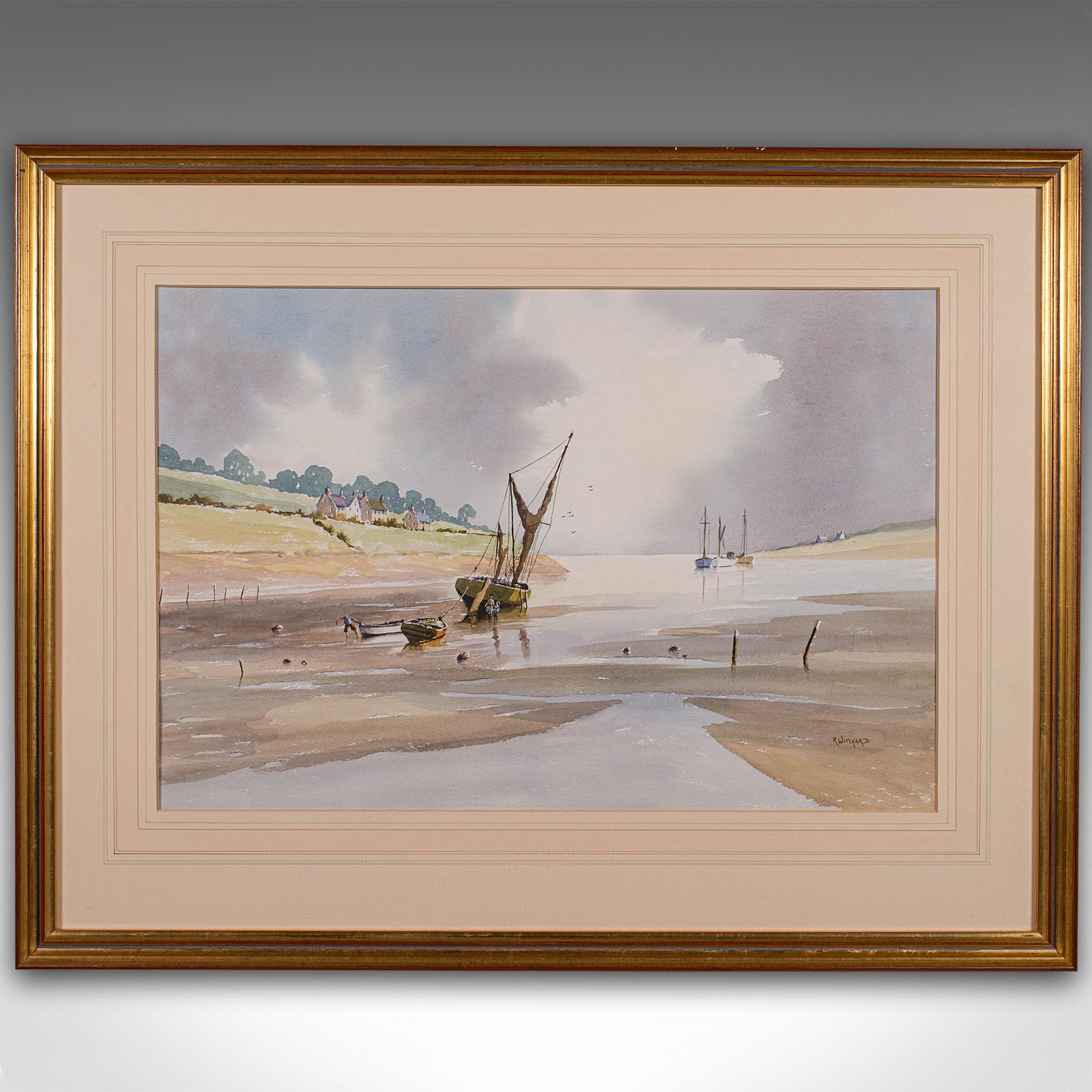 
Se trata de una pintura costera vintage. Una acuarela galesa, enmarcada, de finales del siglo XX, hacia 1980.

Una escena deliciosamente tranquila con un color y una composición muy atractivos
Presenta una deseable pátina envejecida y en buen