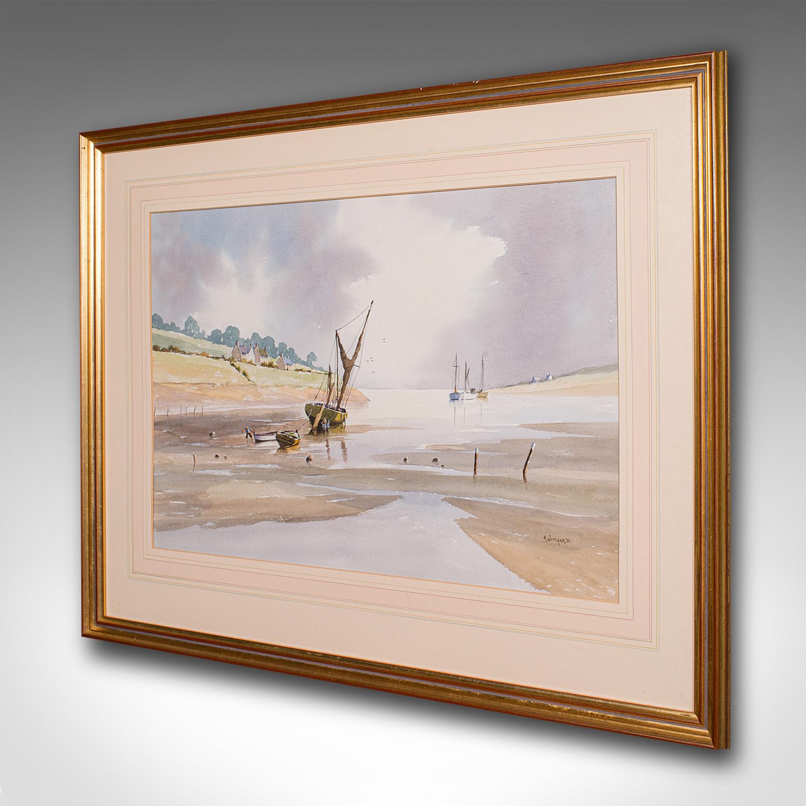Gran Cuadro Vintage Costero, Galés, Acuarela Enmarcada, Paisaje, Arte Firmado Moderno de mediados de siglo en venta