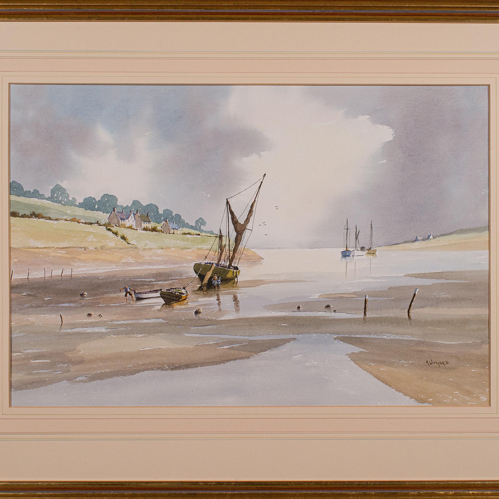 Gran Cuadro Vintage Costero, Galés, Acuarela Enmarcada, Paisaje, Arte Firmado Británico en venta