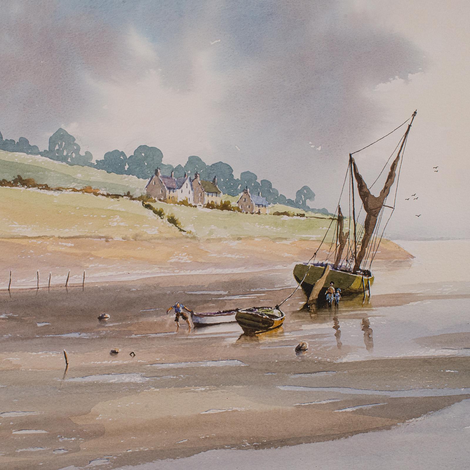 Gran Cuadro Vintage Costero, Galés, Acuarela Enmarcada, Paisaje, Arte Firmado en Bueno estado para la venta en Hele, Devon, GB