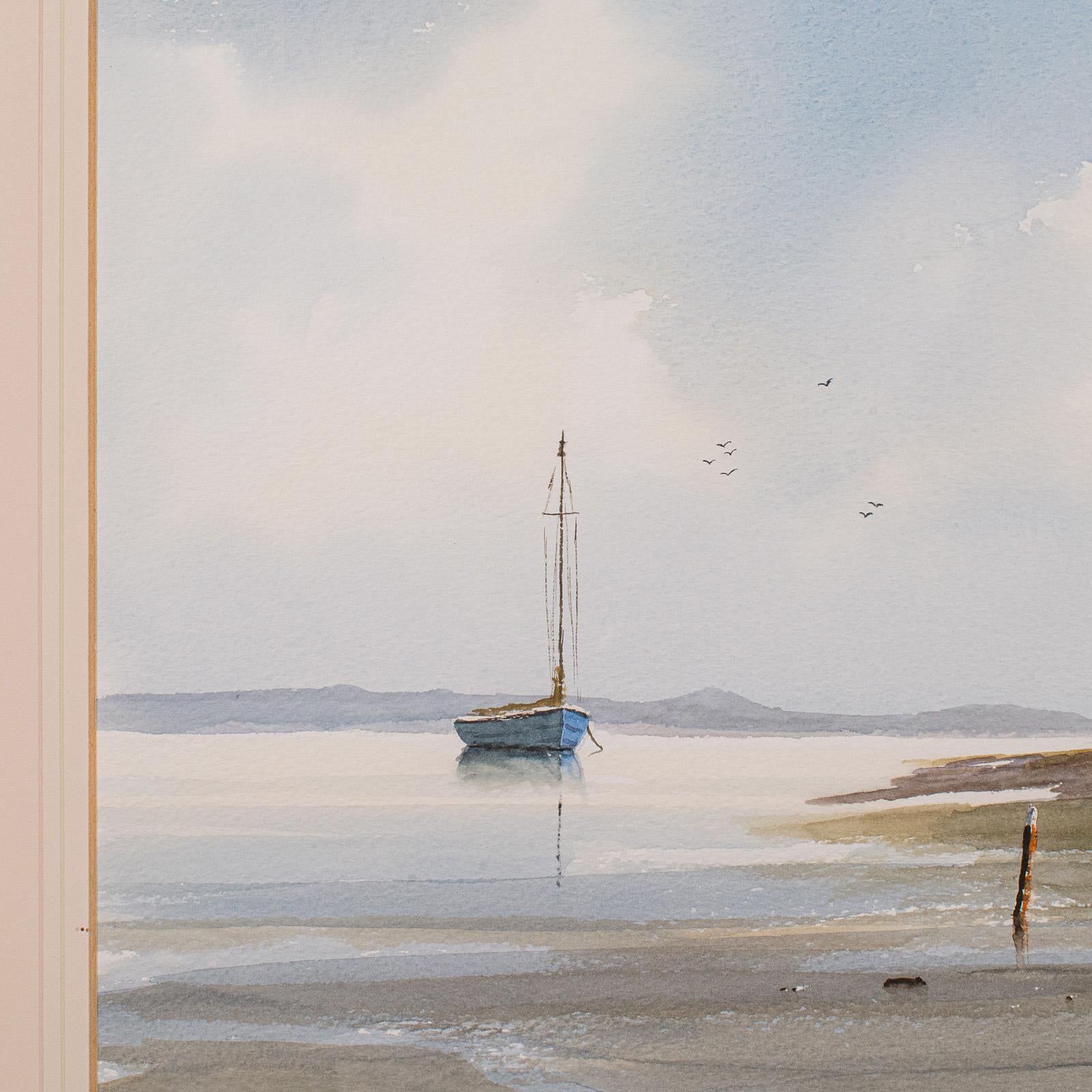 Großes Coastal-Aquarell im Vintage-Stil, Walisisch, gerahmtes Gemälde, Landschaft, signierte Kunst im Zustand „Gut“ im Angebot in Hele, Devon, GB