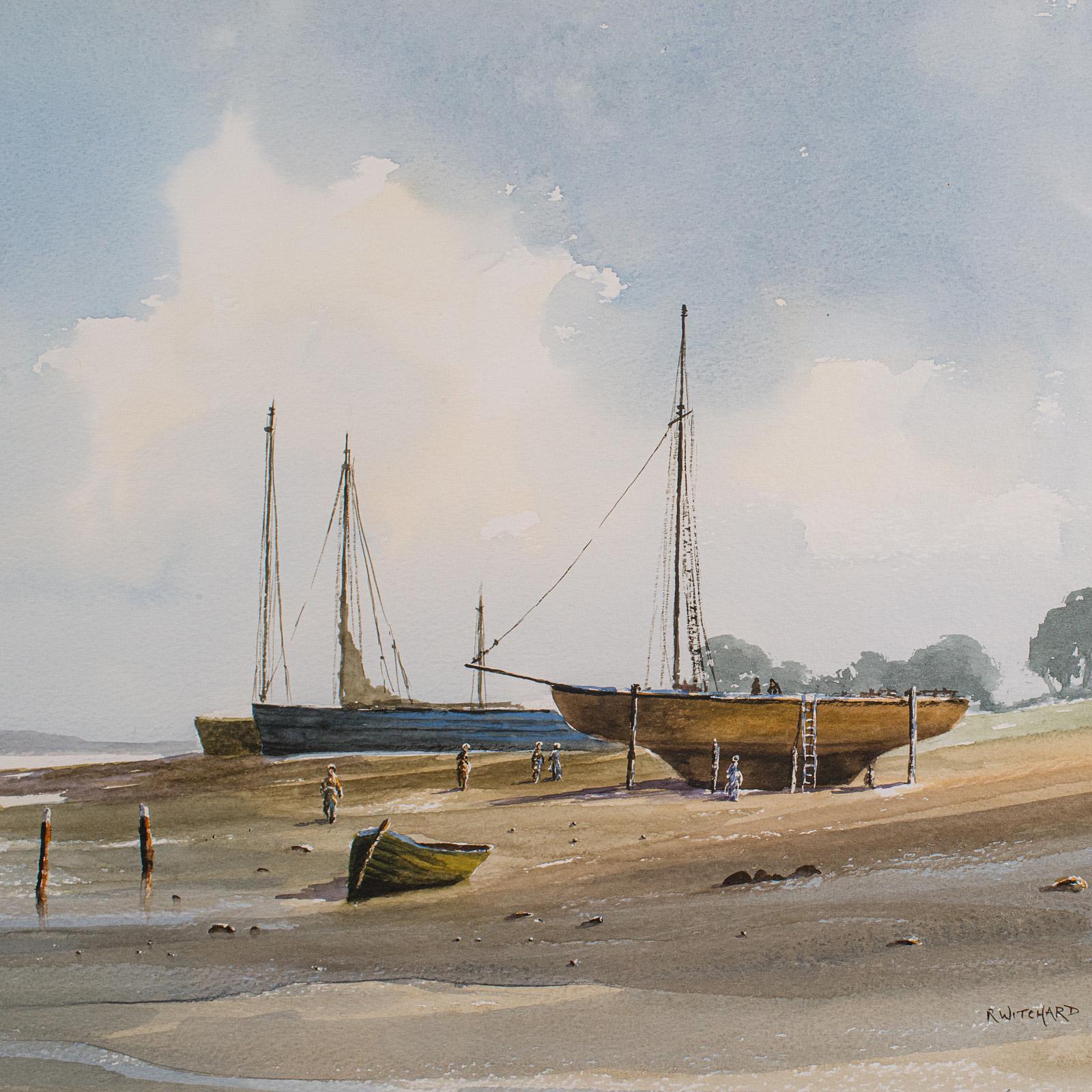 Großes Coastal-Aquarell im Vintage-Stil, Walisisch, gerahmtes Gemälde, Landschaft, signierte Kunst (20. Jahrhundert) im Angebot