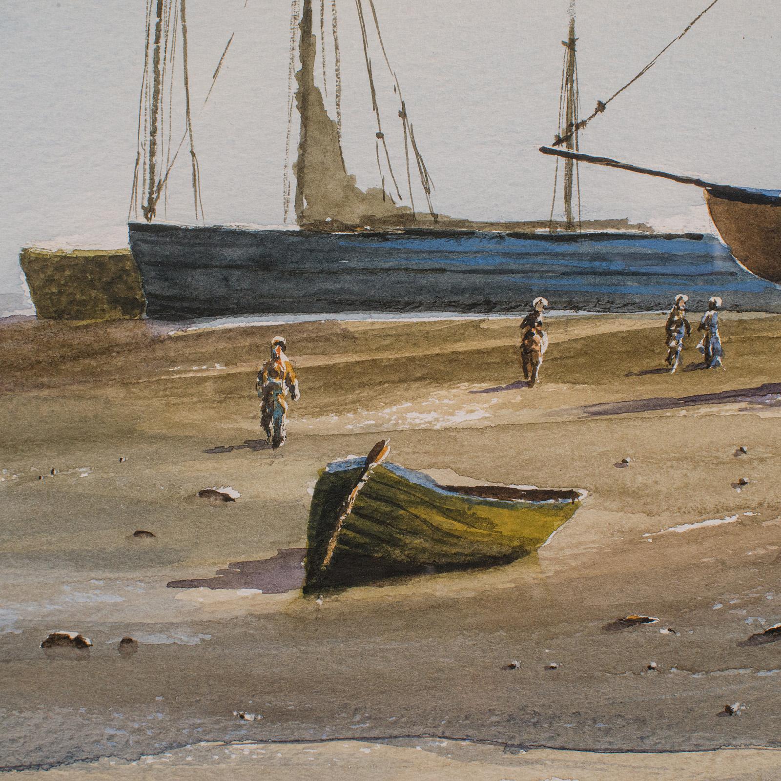 Großes Coastal-Aquarell im Vintage-Stil, Walisisch, gerahmtes Gemälde, Landschaft, signierte Kunst (Papier) im Angebot
