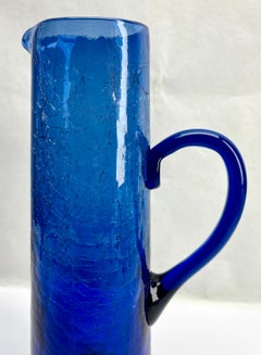 Large Vintage Cobalt blue crackle glass pitcher with Handle