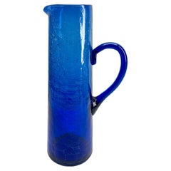 Large Vintage Cobalt blue crackle glass pitcher with Handle