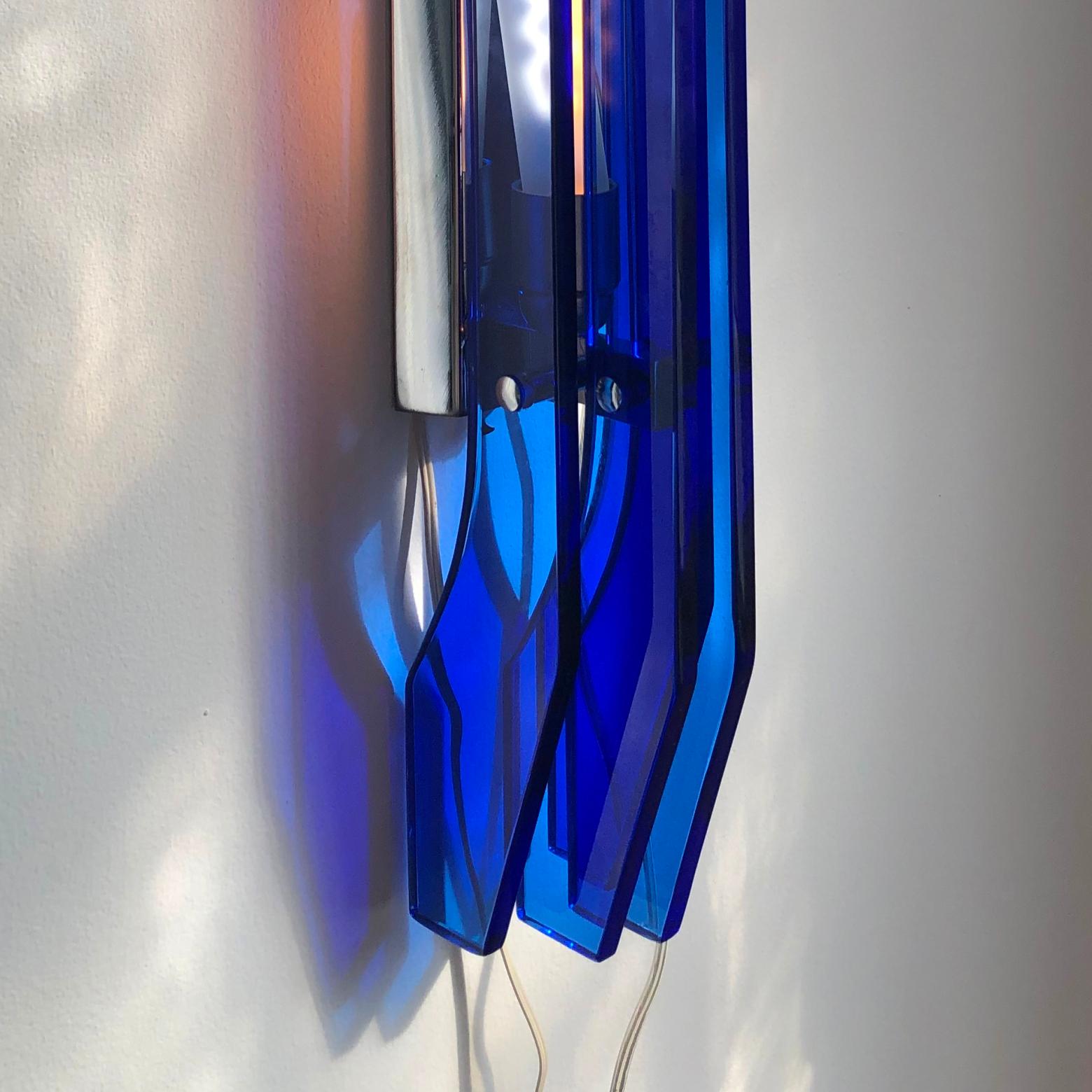 Chrome Exceptional Indigo Blue Glass Large Pair of Sconces by Cristal Art, Italy 1970s For Sale