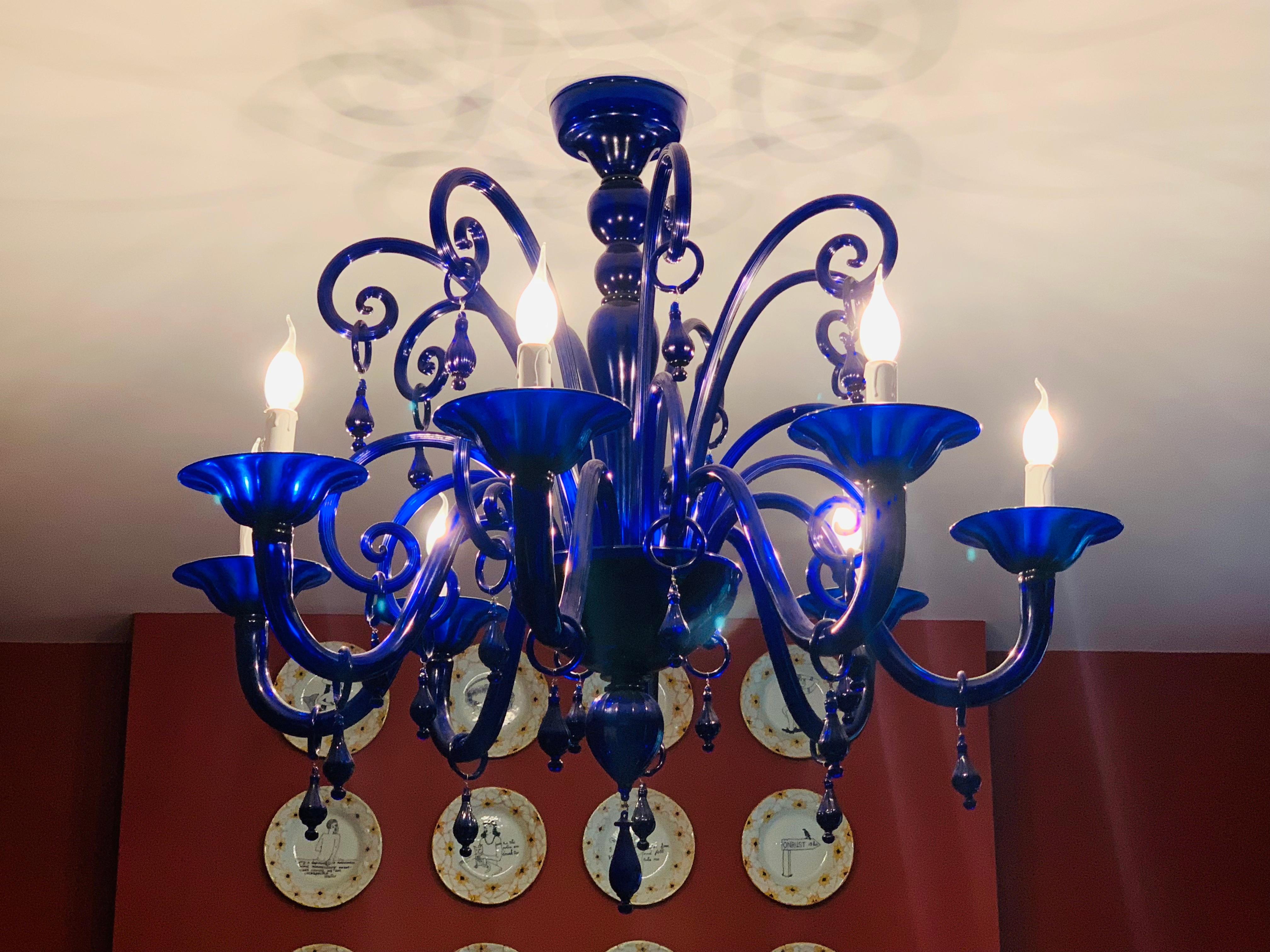 Large Vintage Cobalt Blue Hand Blown Murano Glass 8 Branch Chandelier 3
