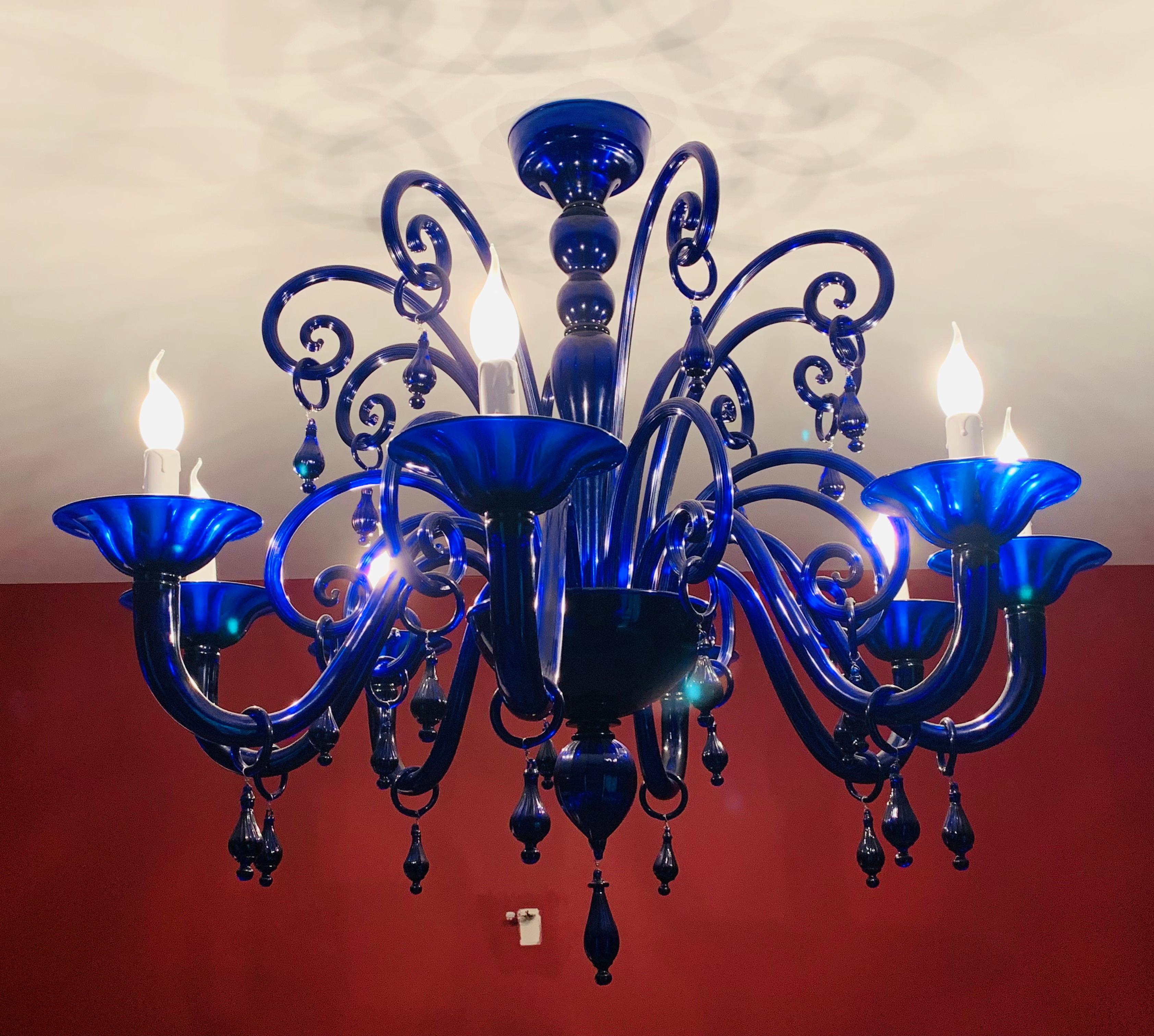 Mid-Century Modern Large Vintage Cobalt Blue Hand Blown Murano Glass 8 Branch Chandelier