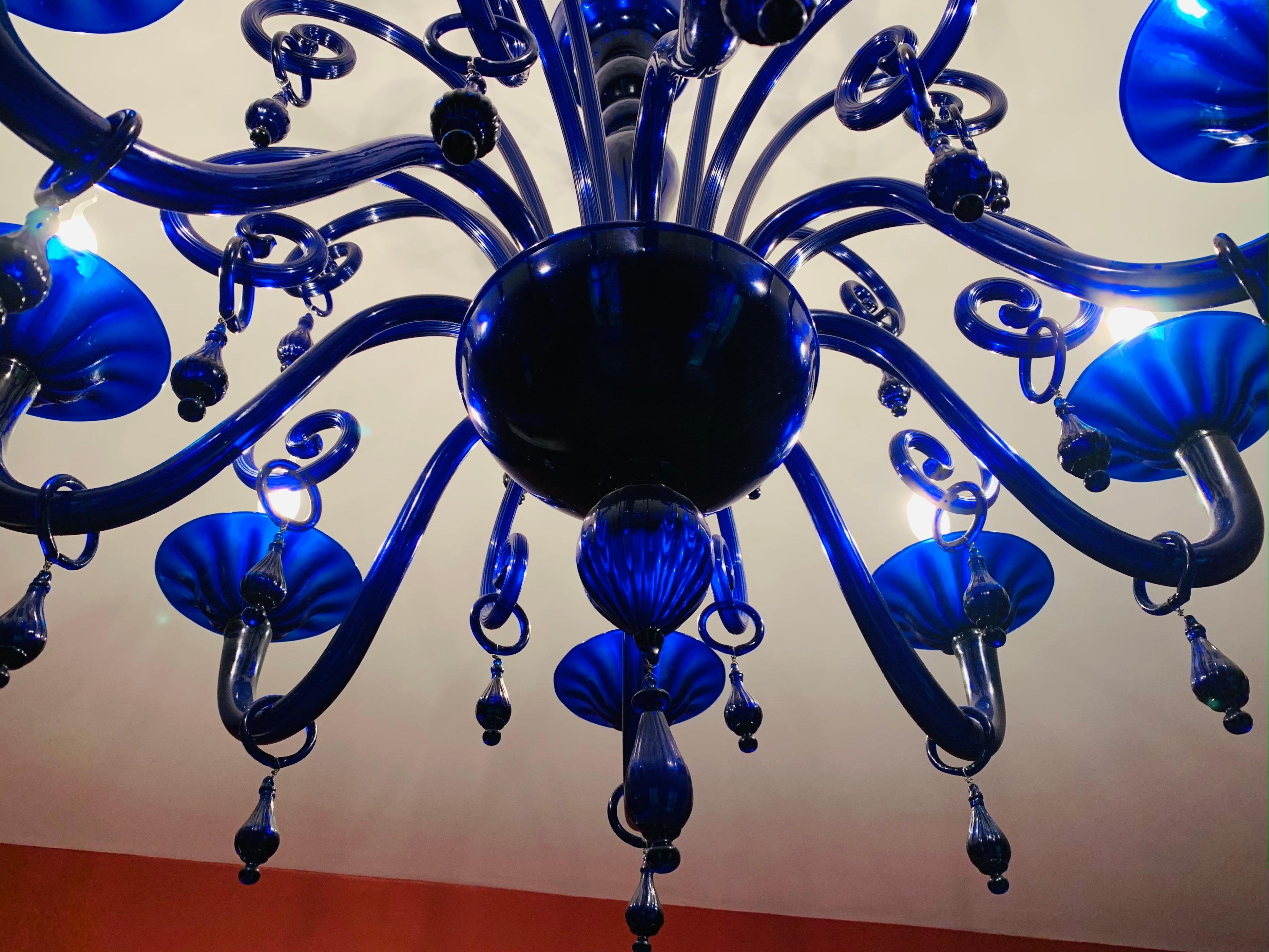 Hand-Crafted Large Vintage Cobalt Blue Hand Blown Murano Glass 8 Branch Chandelier