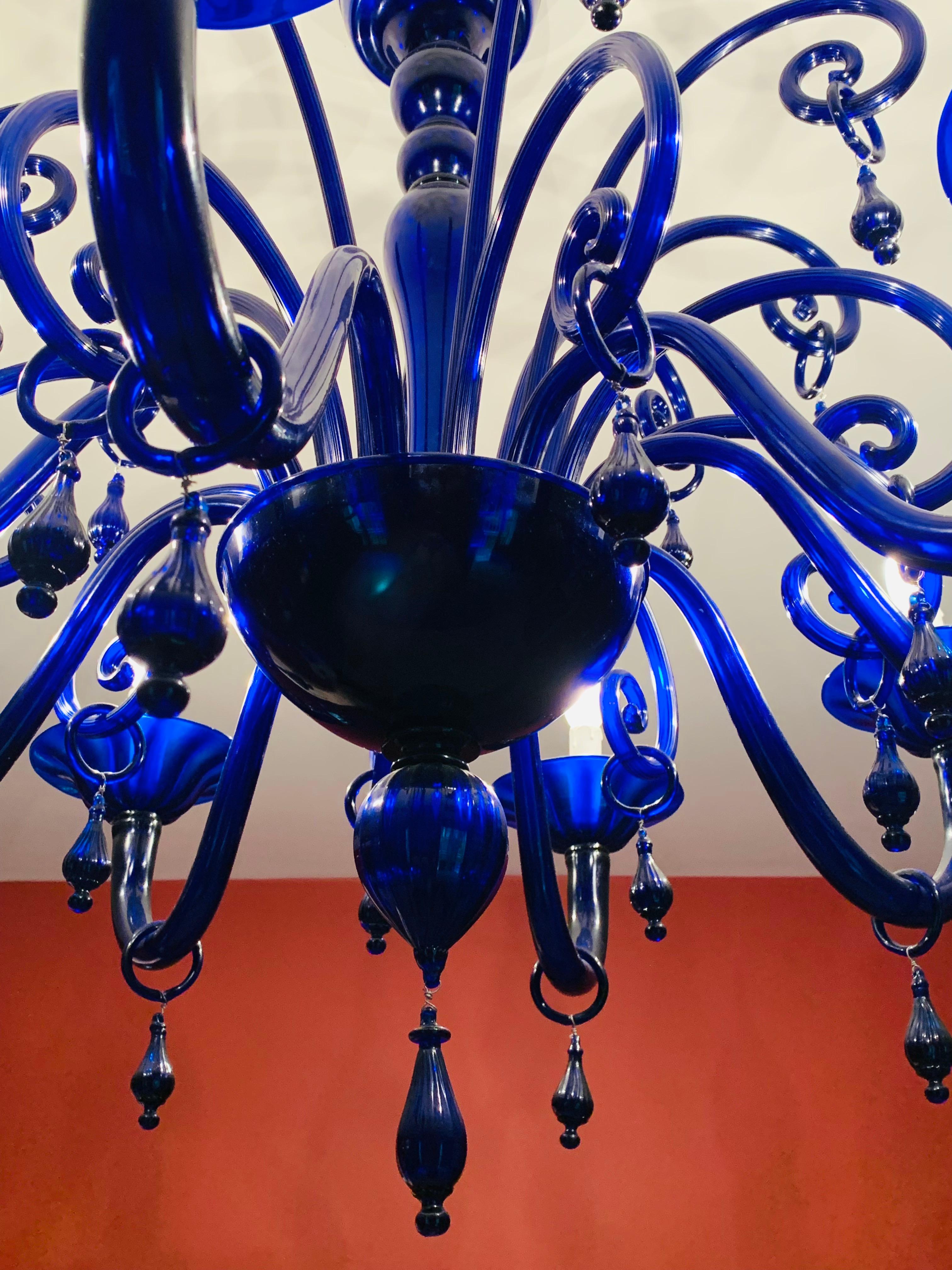 20th Century Large Vintage Cobalt Blue Hand Blown Murano Glass 8 Branch Chandelier