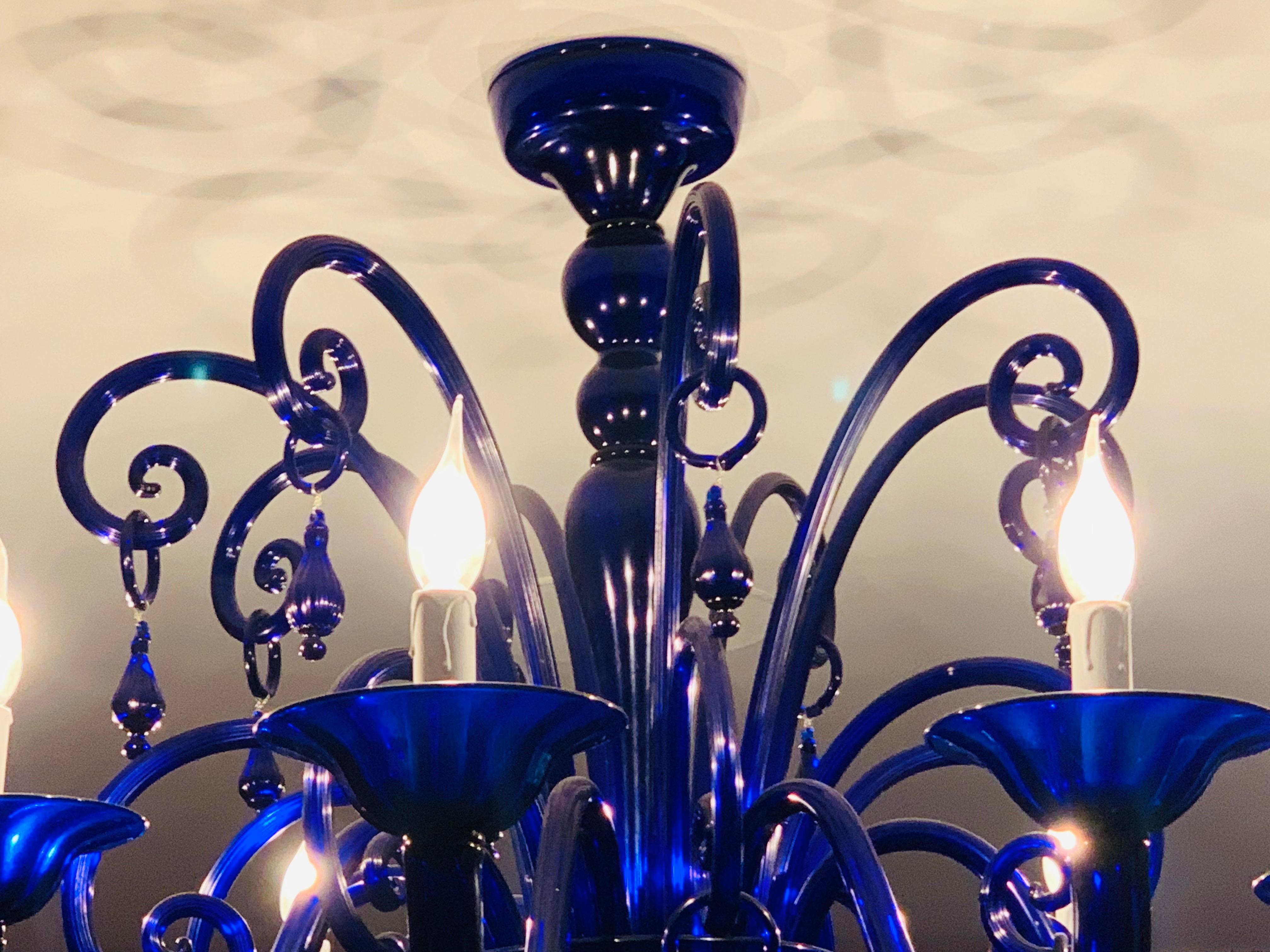 Large Vintage Cobalt Blue Hand Blown Murano Glass 8 Branch Chandelier 1