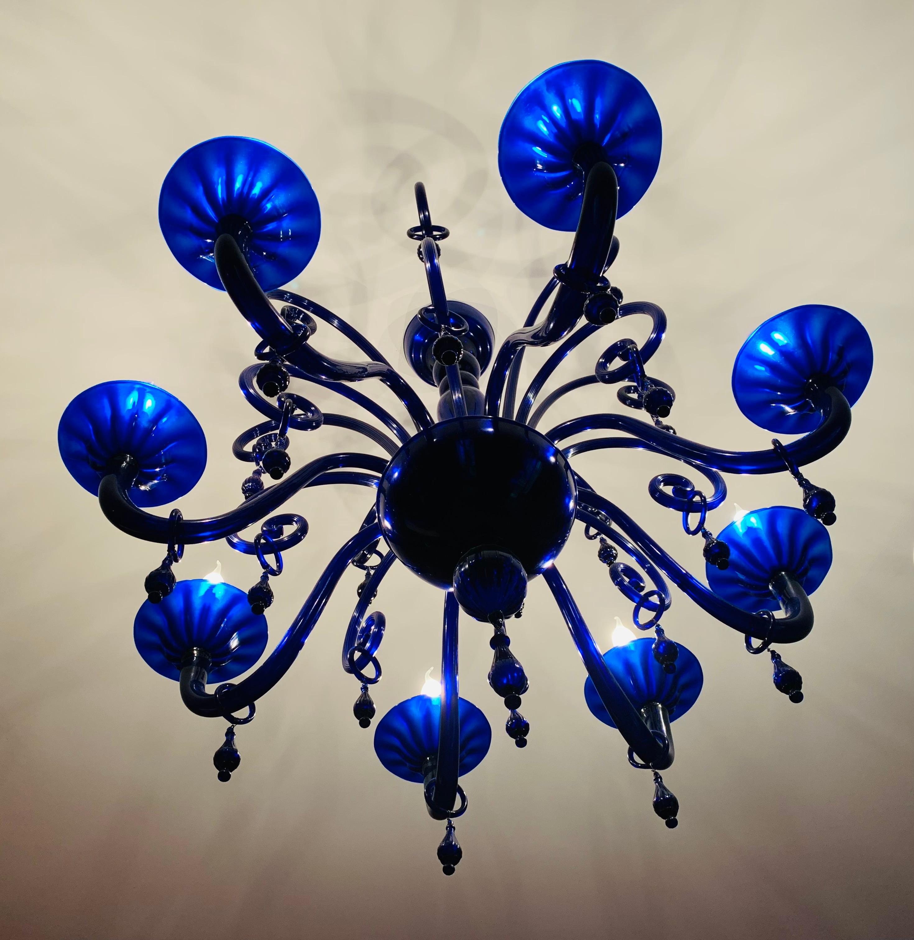 Large Vintage Cobalt Blue Hand Blown Murano Glass 8 Branch Chandelier 2