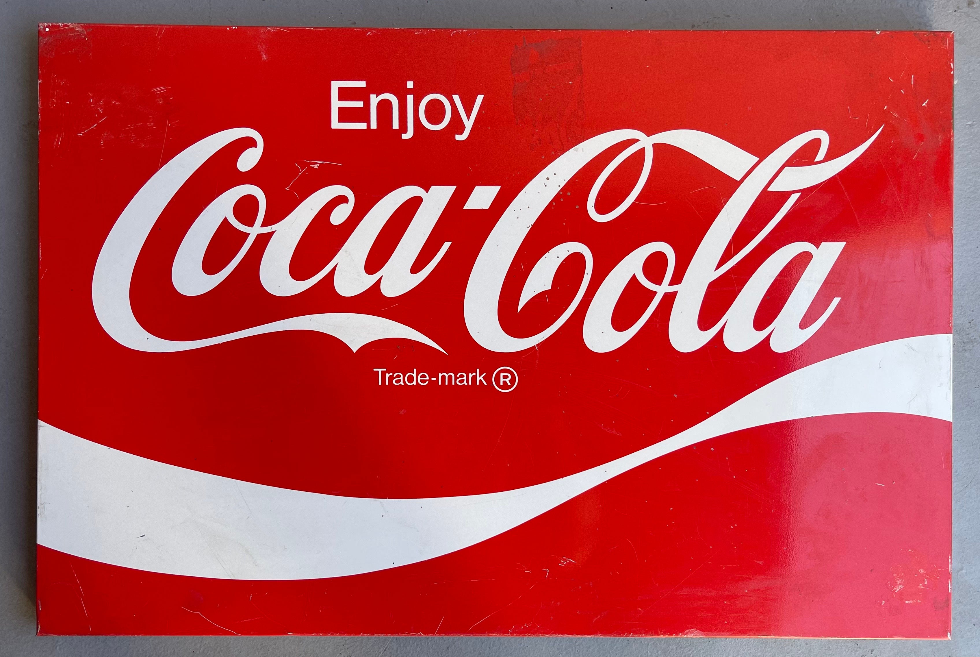 Large vintage Coca Cola / Coke advertising sign, circa 1970s. The sign is in good vintage condition with some scratches, marks and discoloration (please see pictures). It measures 36