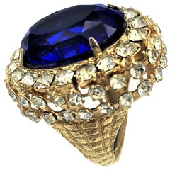 Großer Vintage-Cocktailring mit blauem Strass und klaren Strasssteinen, 1950er Jahre, USA