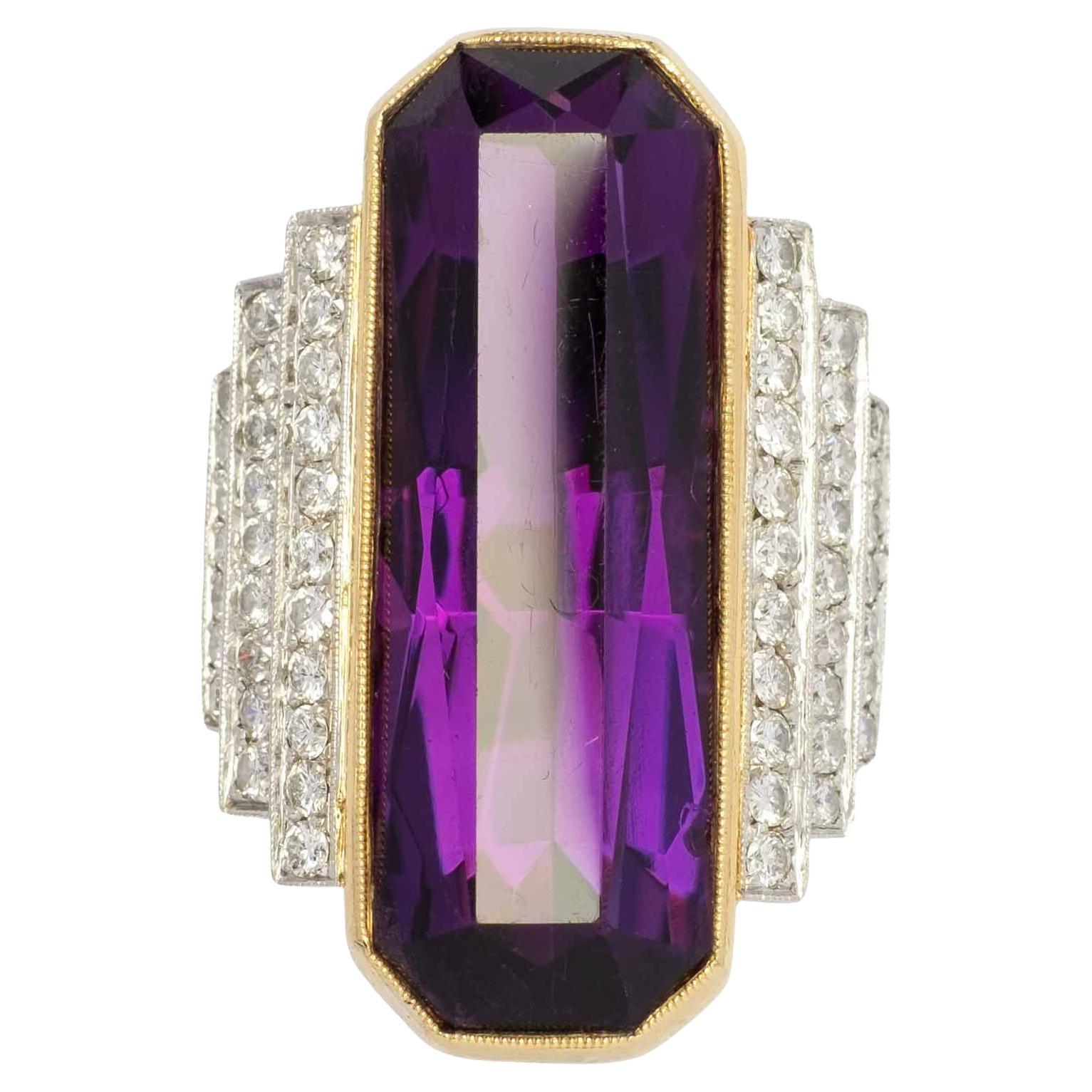 Large Vintage Cocktail ring with amethyst and diamonds For Sale