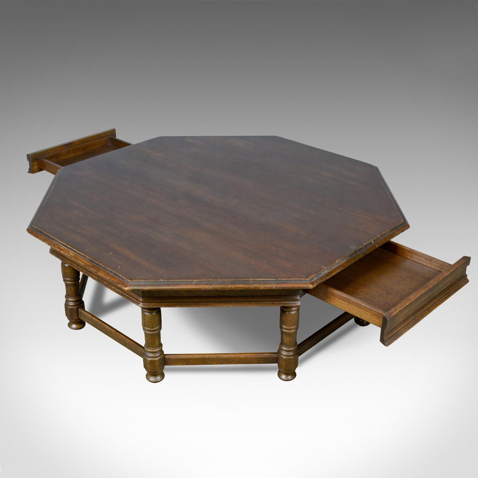 Large, Vintage Coffee Table, English, Oak, Octagonal, Low, 20th Century 2