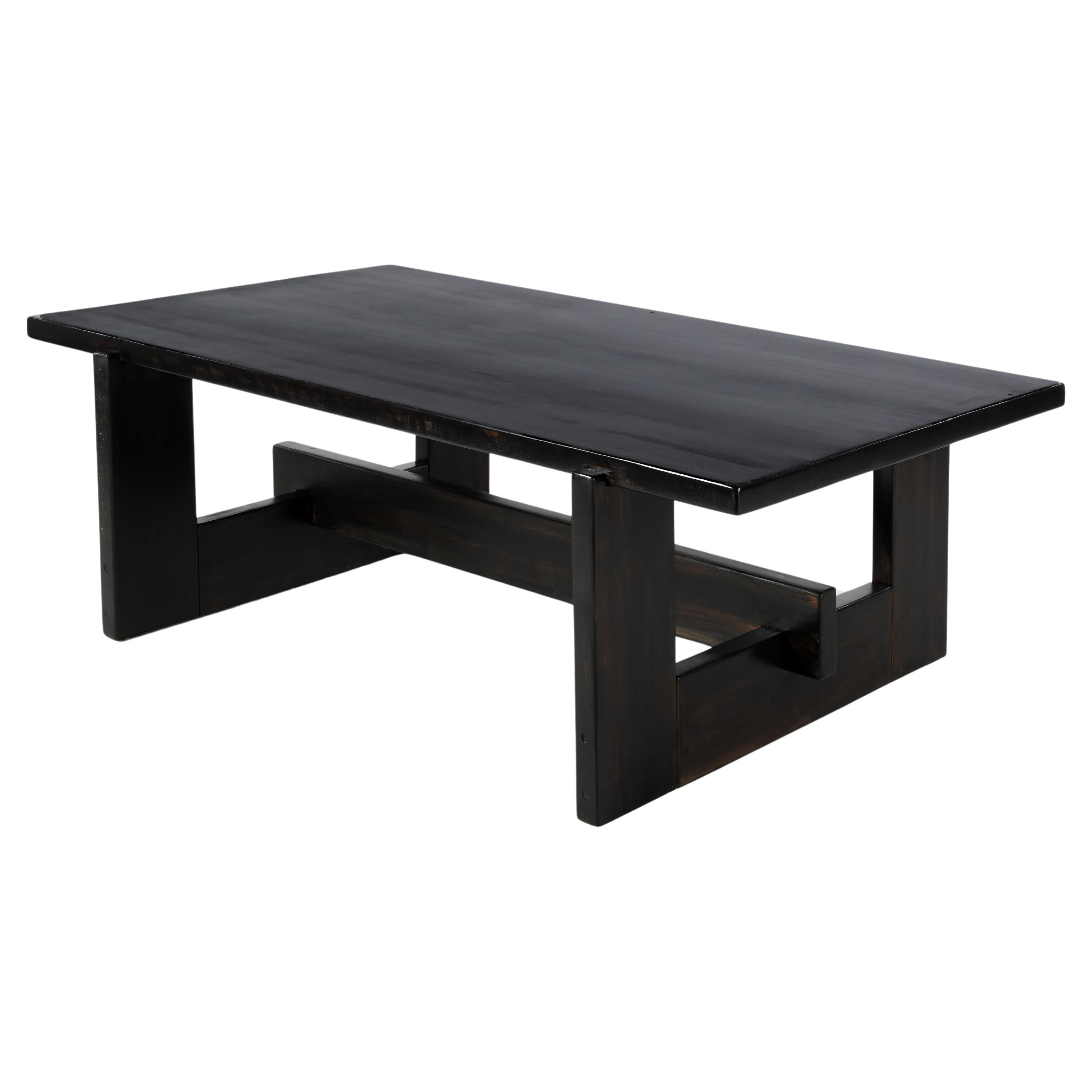 Large vintage coffee table in black-stained solid pine from Denmark in the 70 For Sale