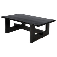 Large vintage coffee table in black-stained solid pine from Denmark in the 70