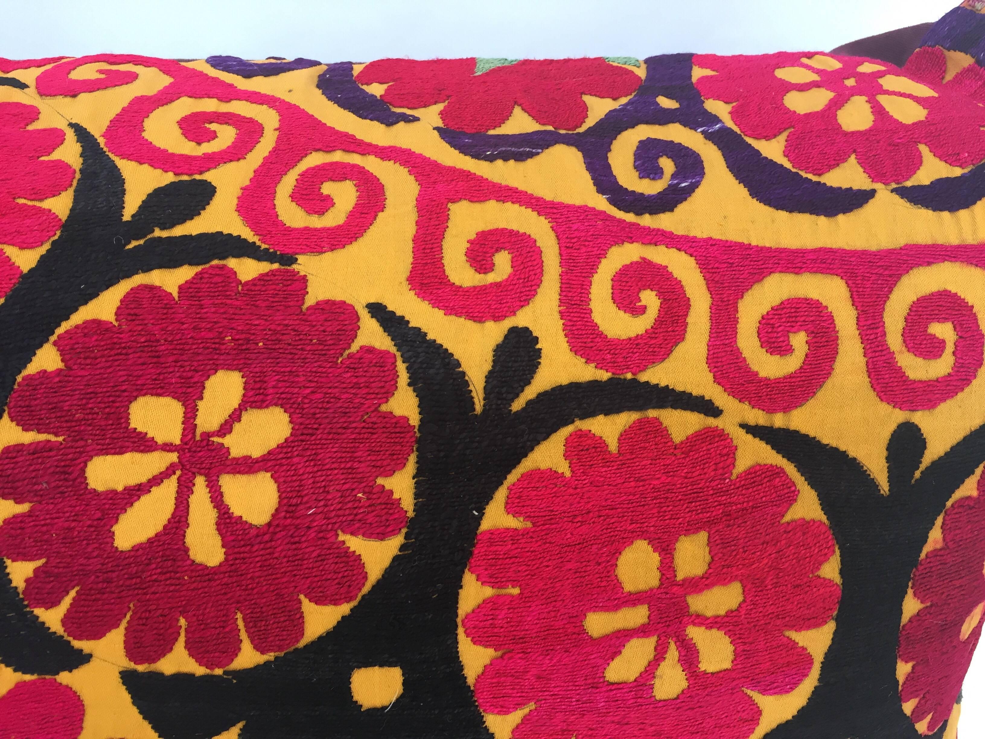 Large Vintage Colorful Suzani Embroidery Lumbar Pillow 3