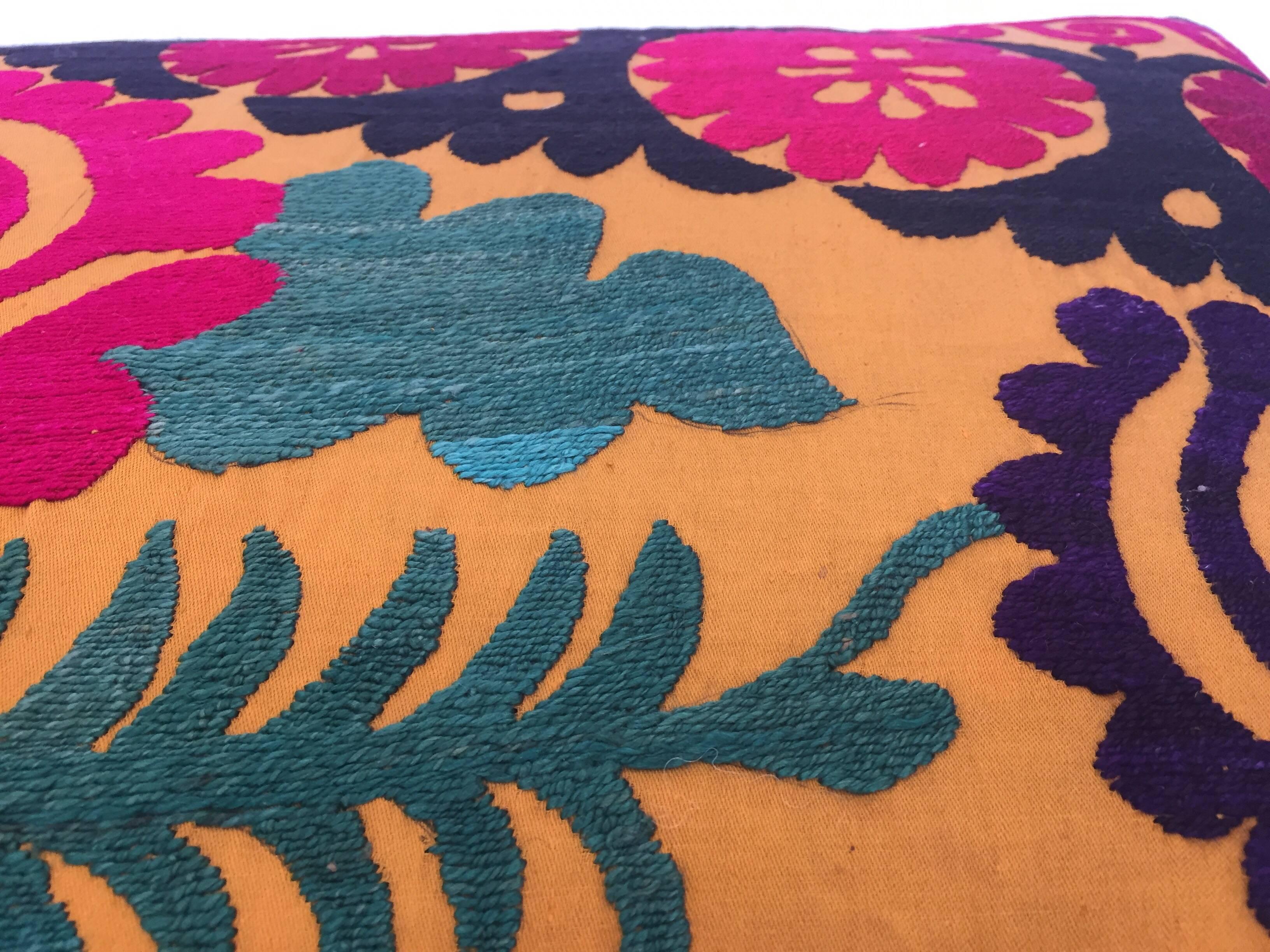 Large Vintage Colorful Suzani Embroidery Lumbar Pillow 5
