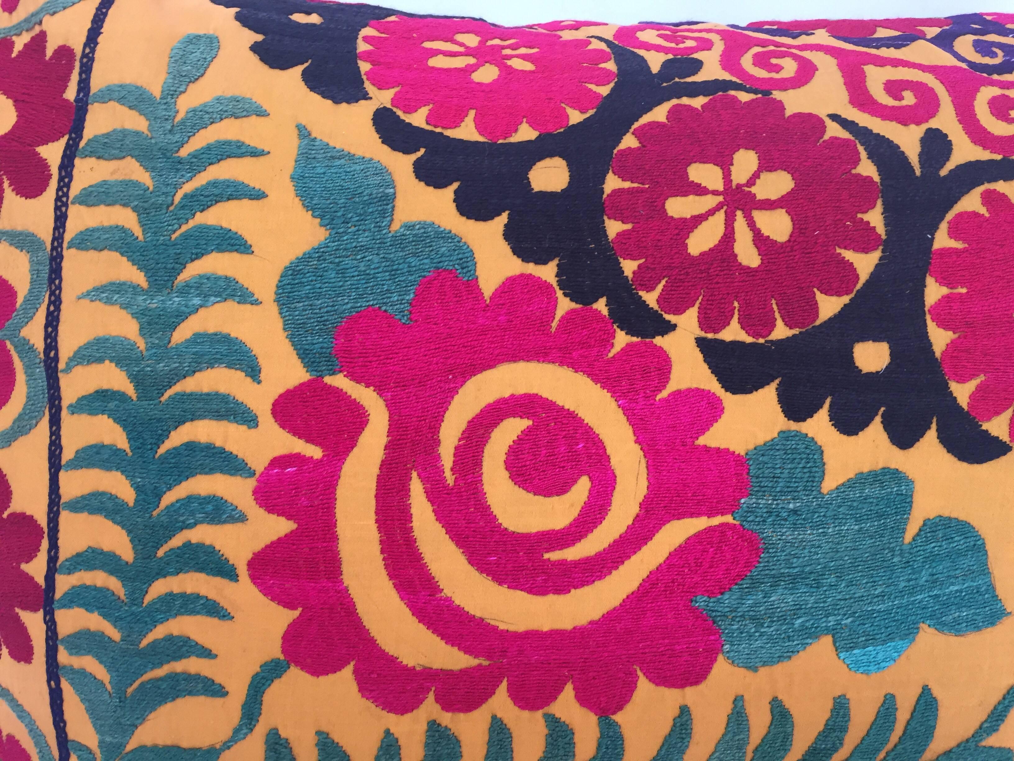 Uzbek Large Vintage Colorful Suzani Embroidery Lumbar Pillow
