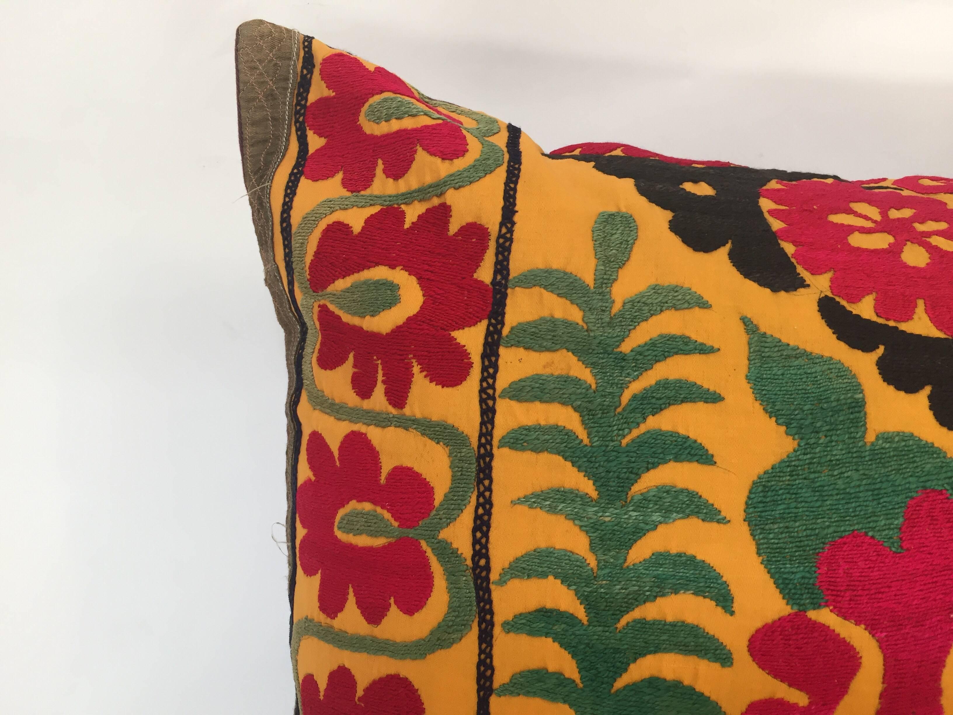 Hand-Crafted Large Vintage Colorful Suzani Embroidery Lumbar Pillow