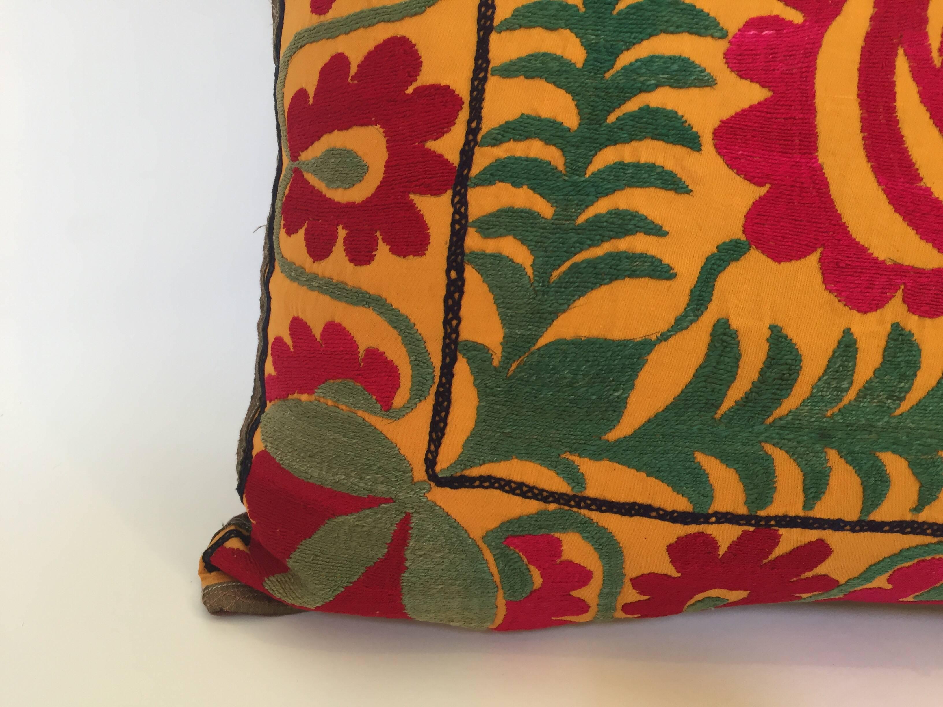 Large Vintage Colorful Suzani Embroidery Lumbar Pillow In Good Condition In North Hollywood, CA