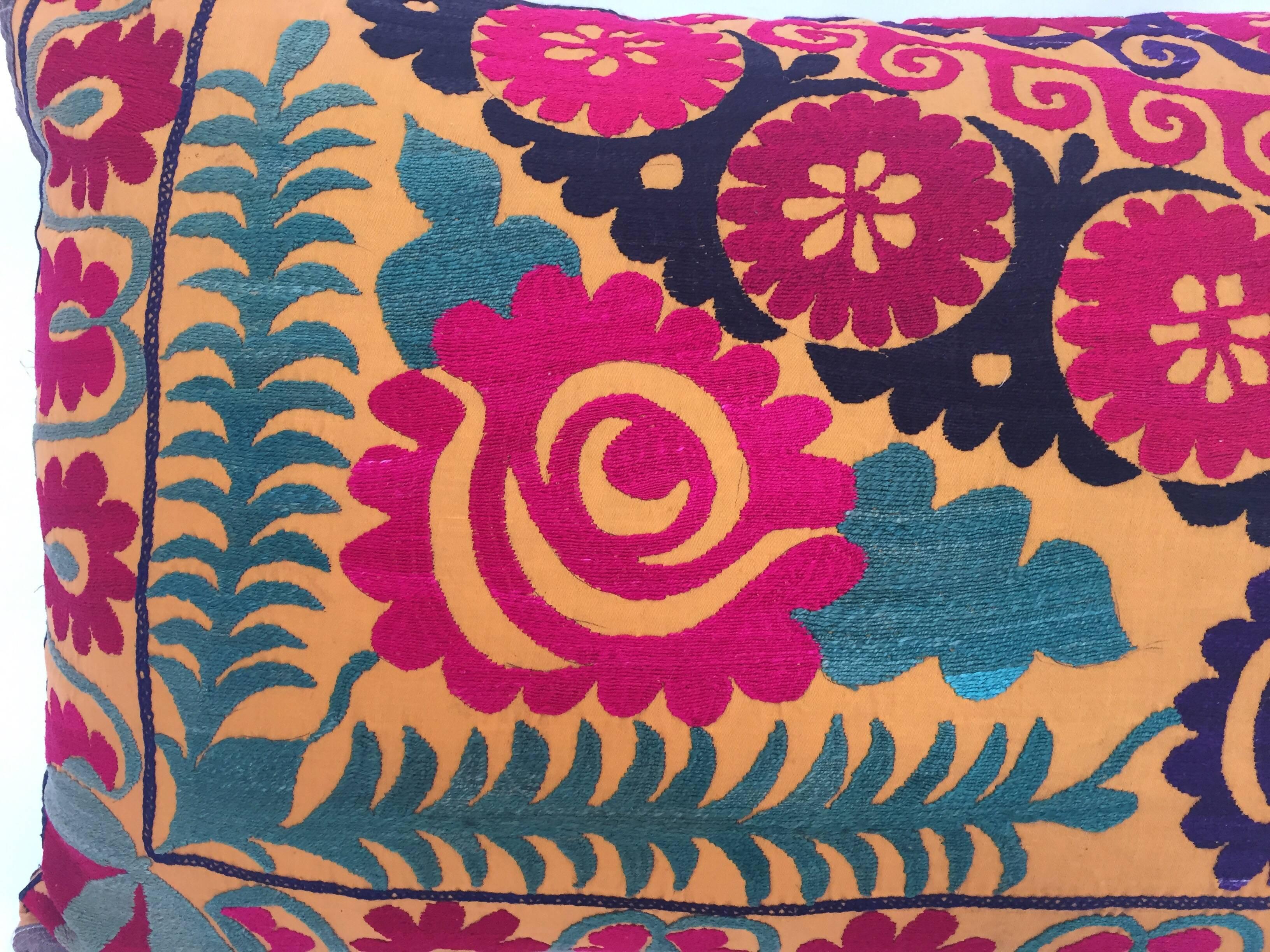 Large Vintage Colorful Suzani Embroidery Lumbar Pillow 1
