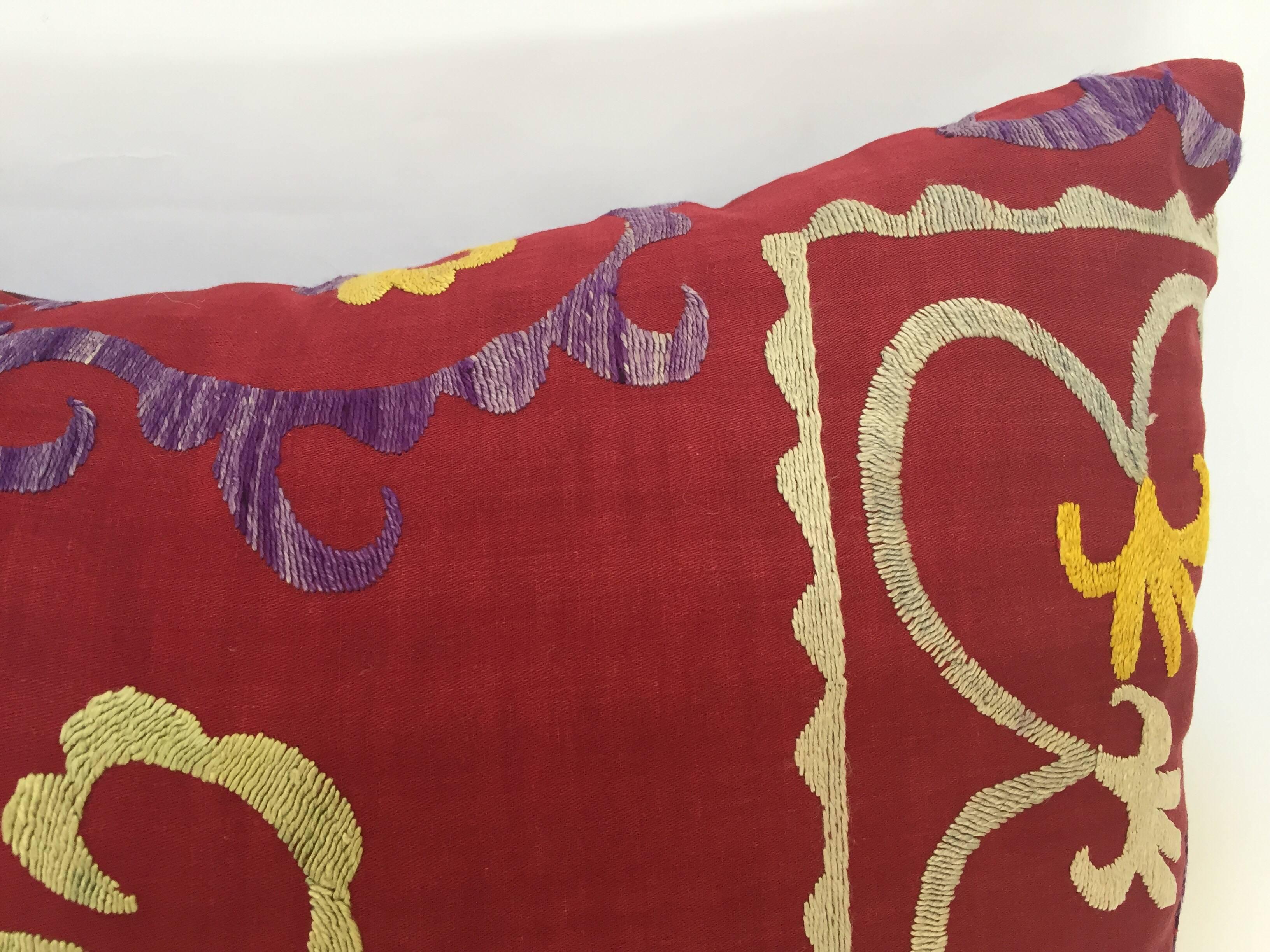 Hand-Crafted Large Vintage Colorful Suzani Embroidery Lumbar Pillow from Uzbekistan