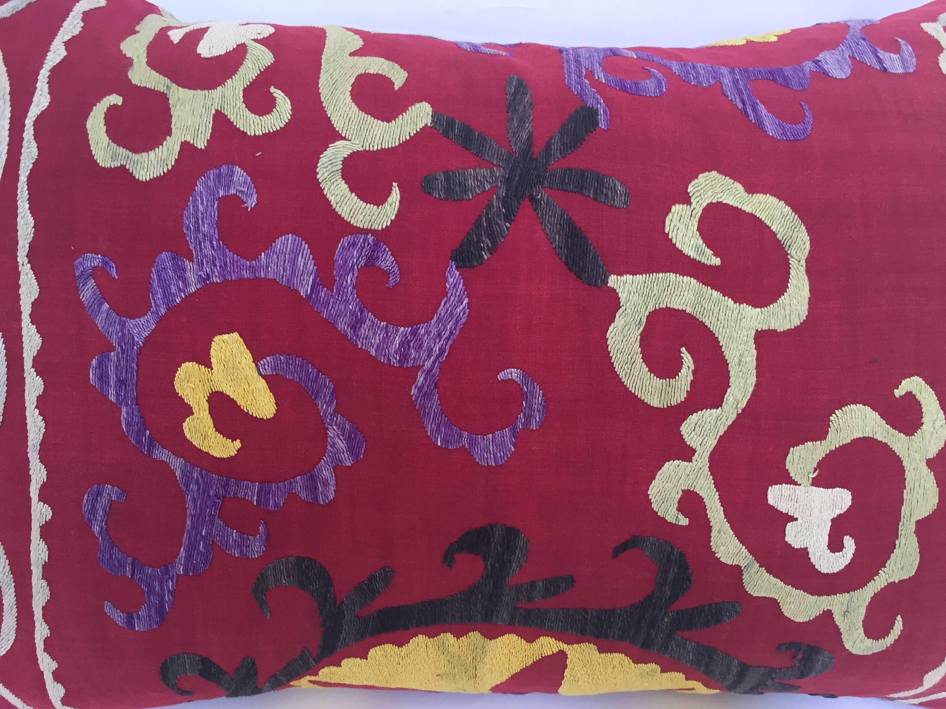 Large Vintage Colorful Suzani Embroidery Lumbar Pillow from Uzbekistan In Good Condition In North Hollywood, CA