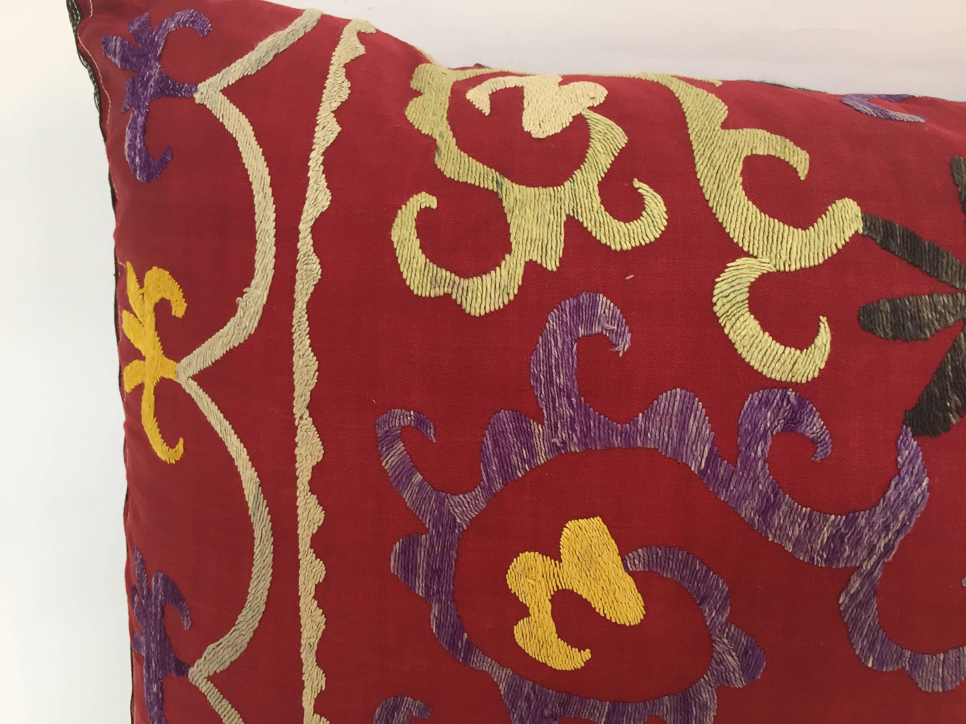 20th Century Large Vintage Colorful Suzani Embroidery Lumbar Pillow from Uzbekistan