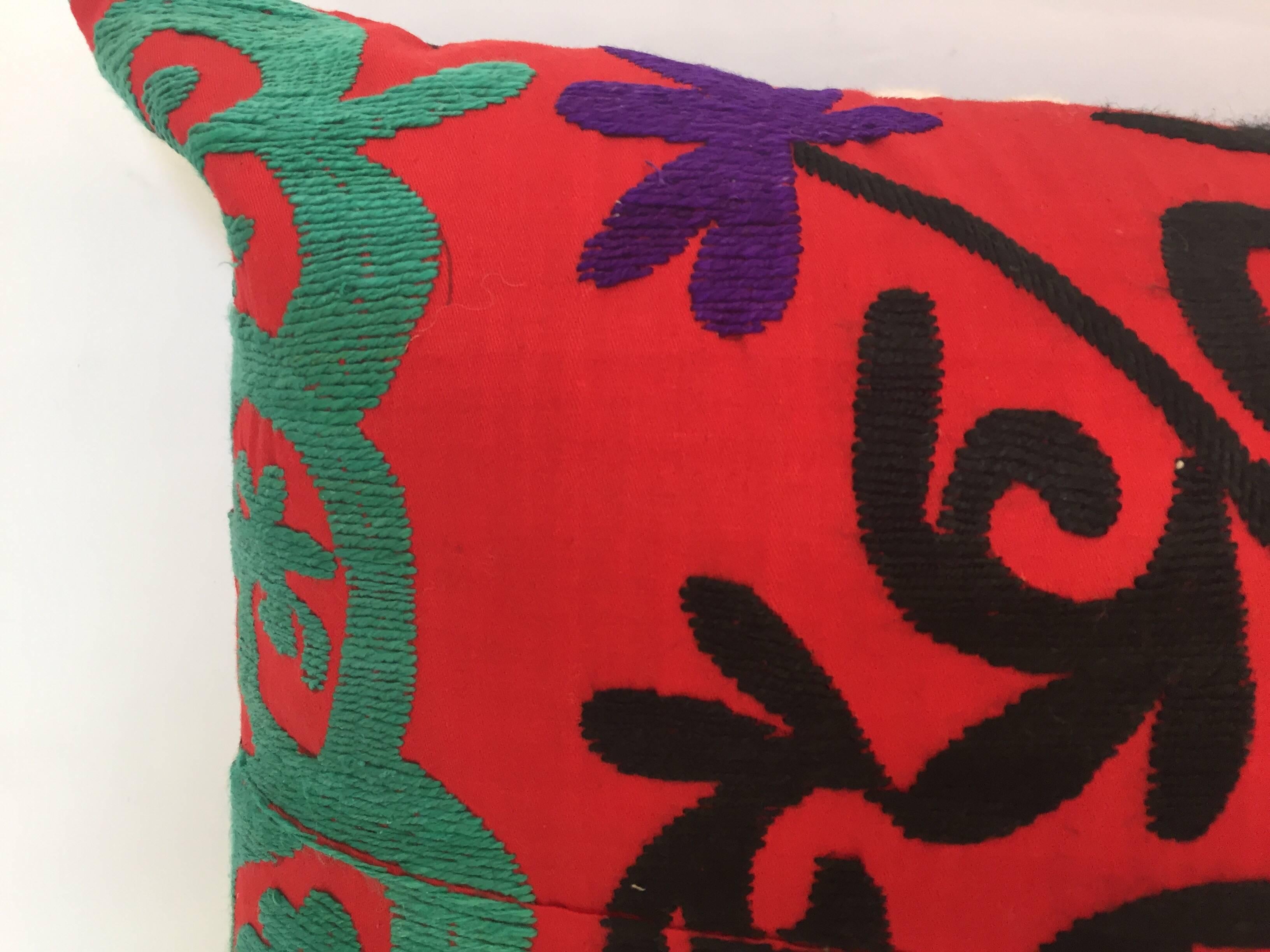 Cotton Large Vintage Colorful Suzani Embroidery Lumbar Pillow from Uzbekistan