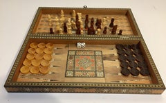 Large Vintage Complete Syrian Inlaid Mosaic Backgammon and Chess Game