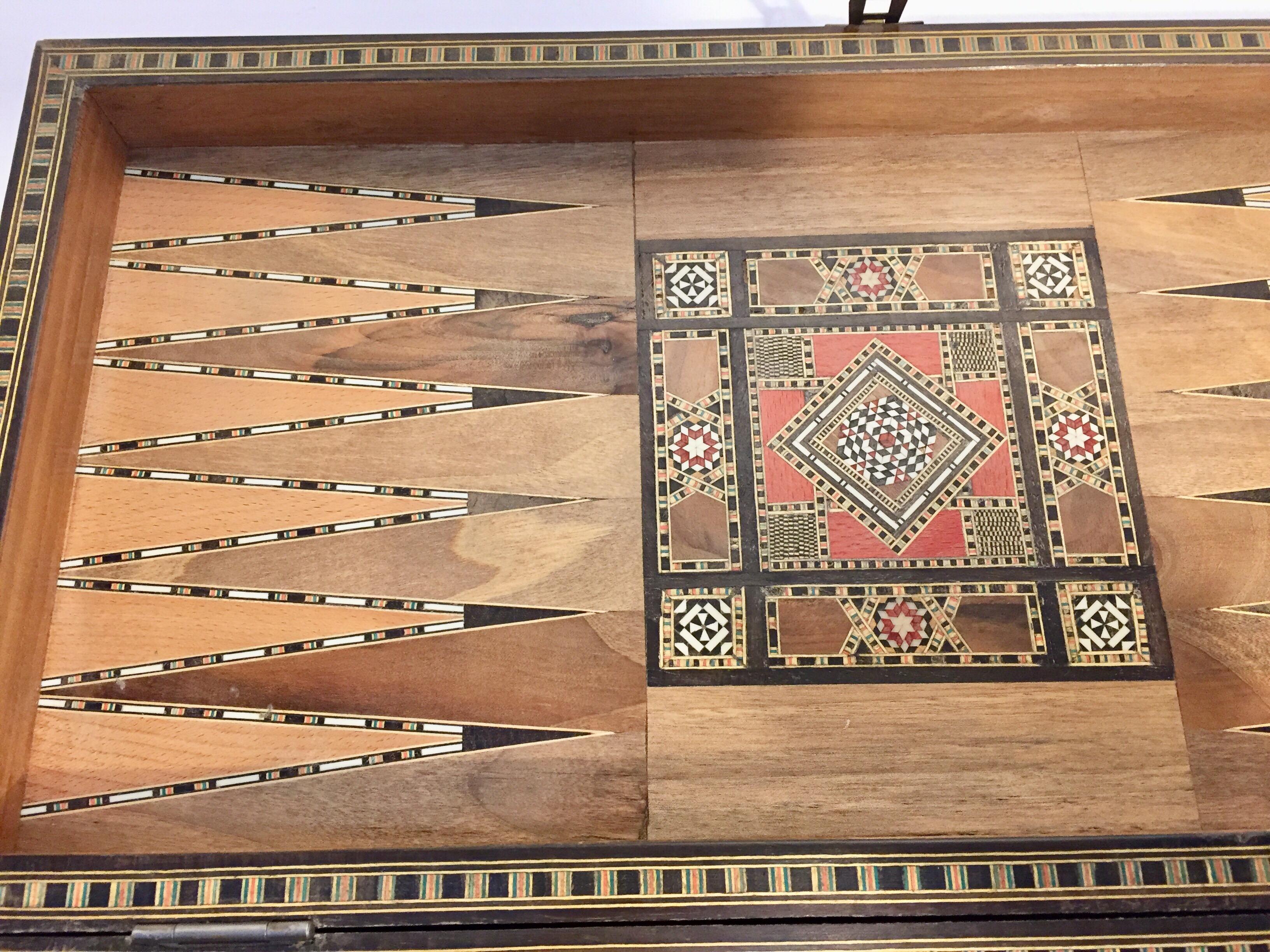 Moorish Large Vintage Complete Syrian Inlaid Mosaic Backgammon and Chess Game