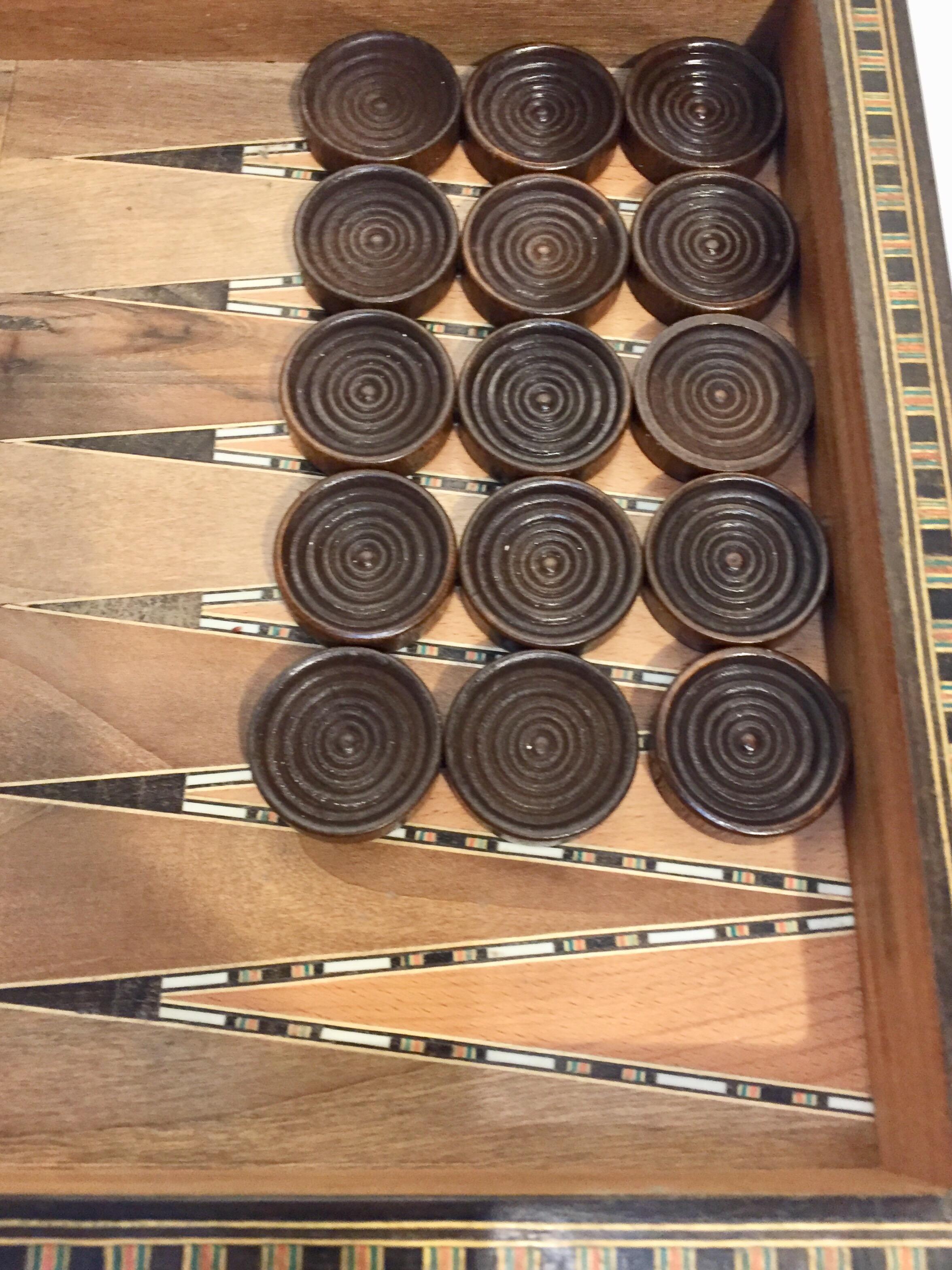 Large Vintage Complete Syrian Inlaid Mosaic Backgammon and Chess Game In Fair Condition In North Hollywood, CA