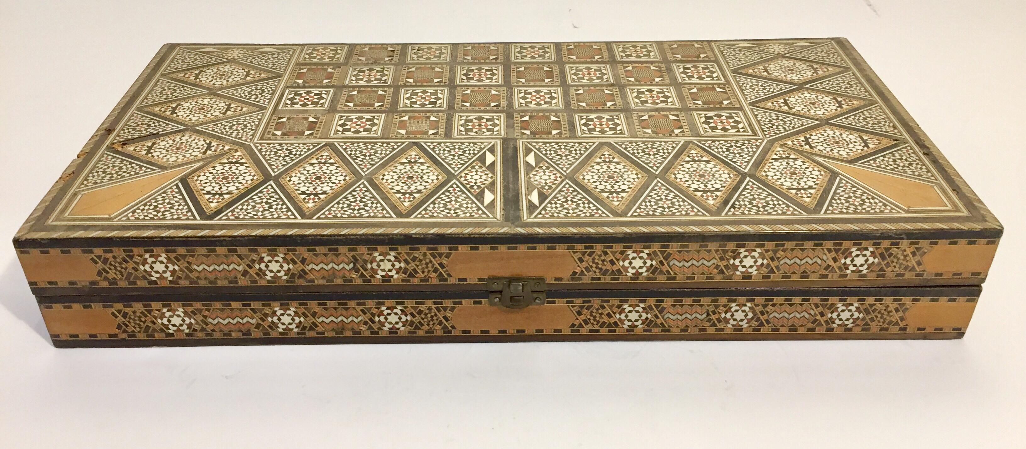 Wood Large Vintage Complete Syrian Inlaid Mosaic Backgammon and Chess Game