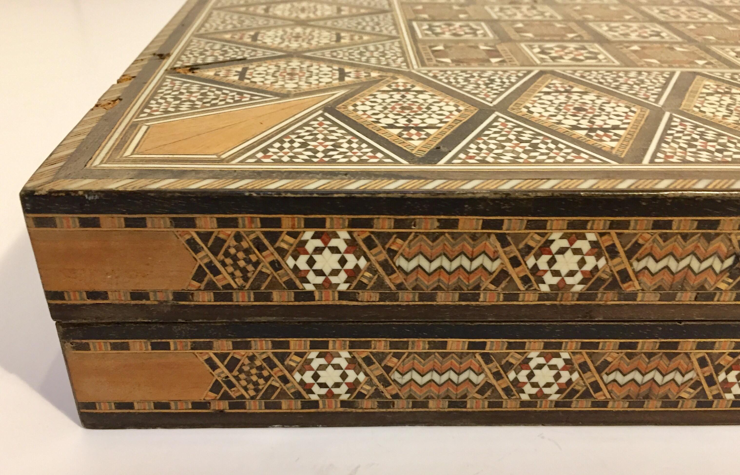 Large Vintage Complete Syrian Inlaid Mosaic Backgammon and Chess Game 1