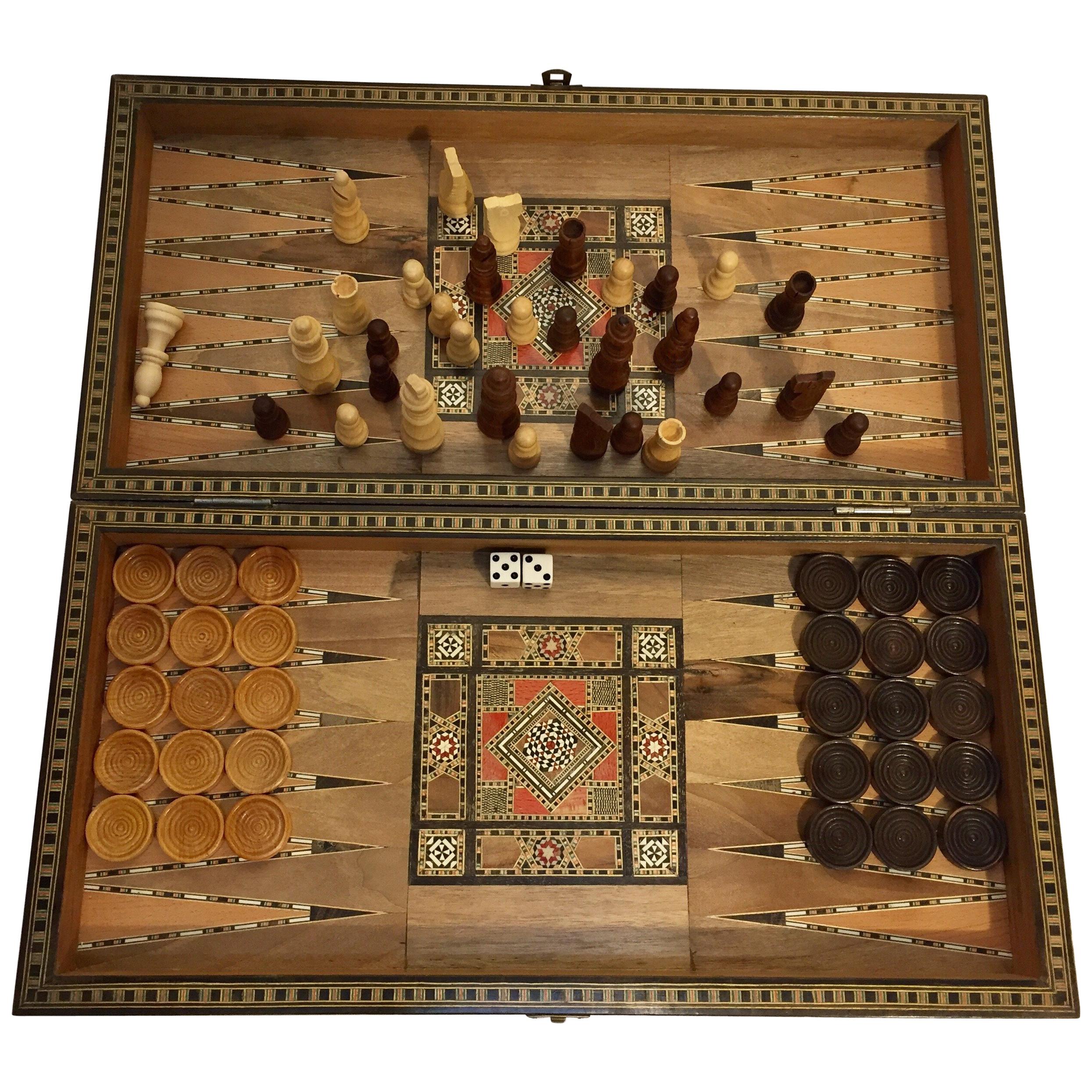 Large Vintage Complete Syrian Inlaid Mosaic Backgammon and Chess Game