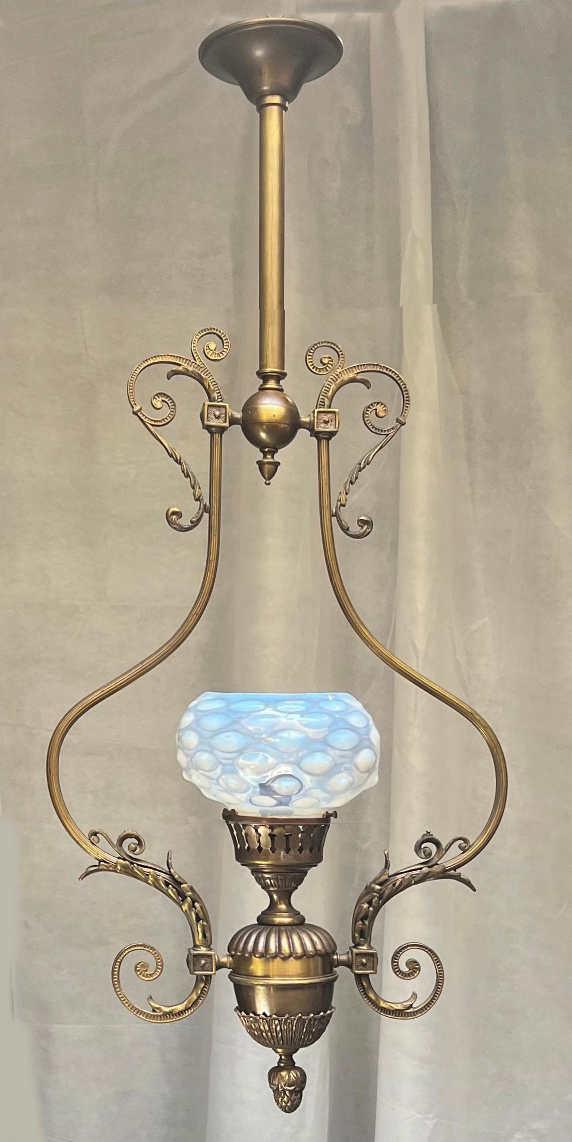 Large Vintage, Converted Gas to Electric, Brass, Pendant Chandelier For Sale 2