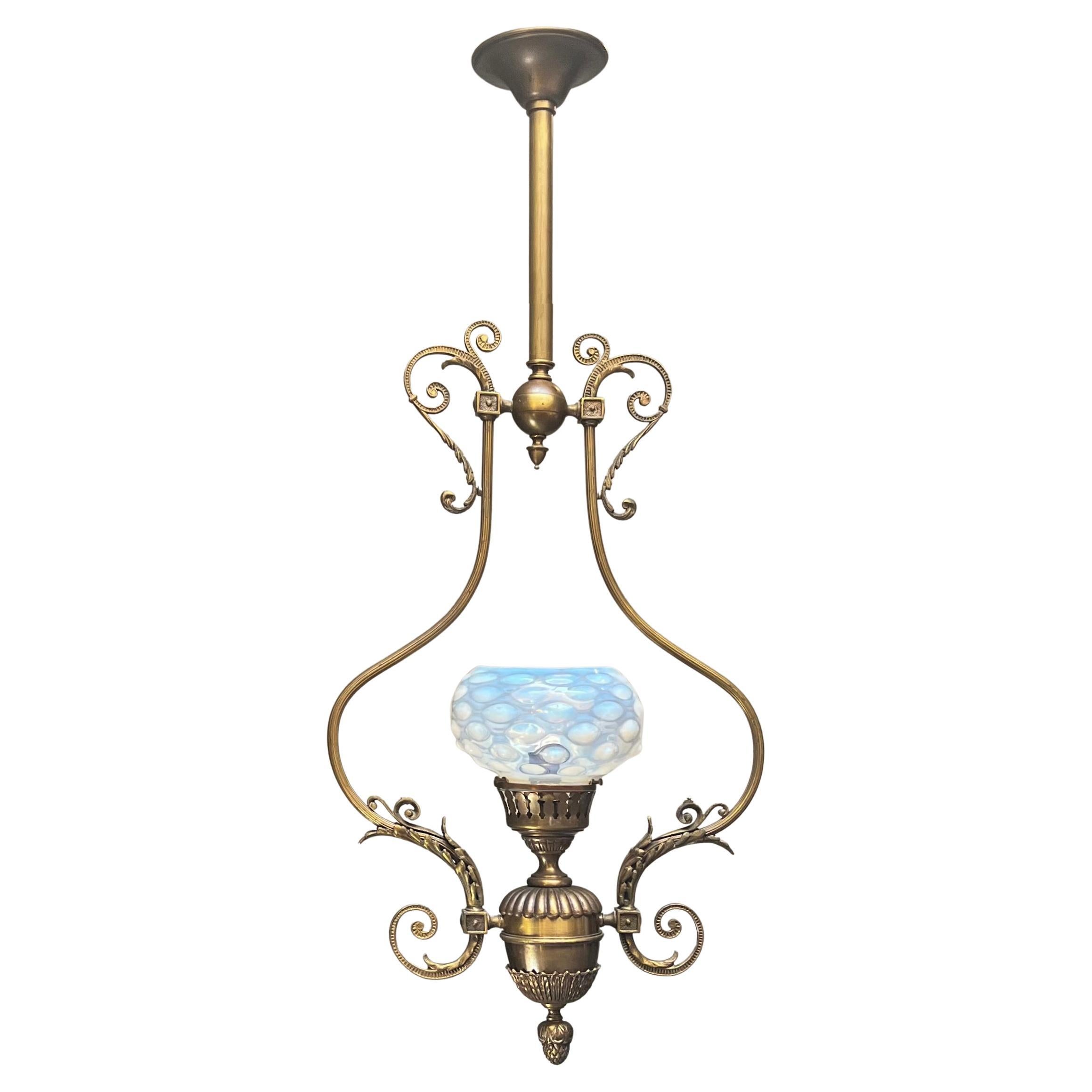 Large Vintage, Converted Gas to Electric, Brass, Pendant Chandelier For Sale